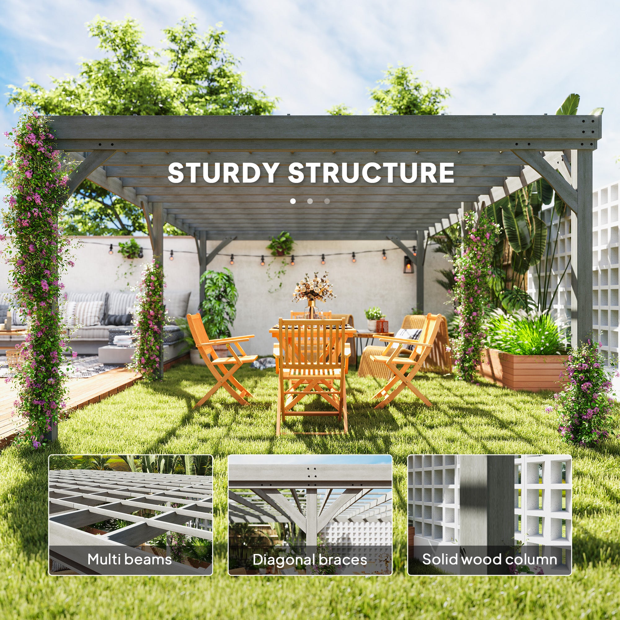 12' x 20' Outdoor Wooden Pergola, Grape Vine Gazebo with Concrete Anchors for Garden, Patio, Backyard, Deck, Gray