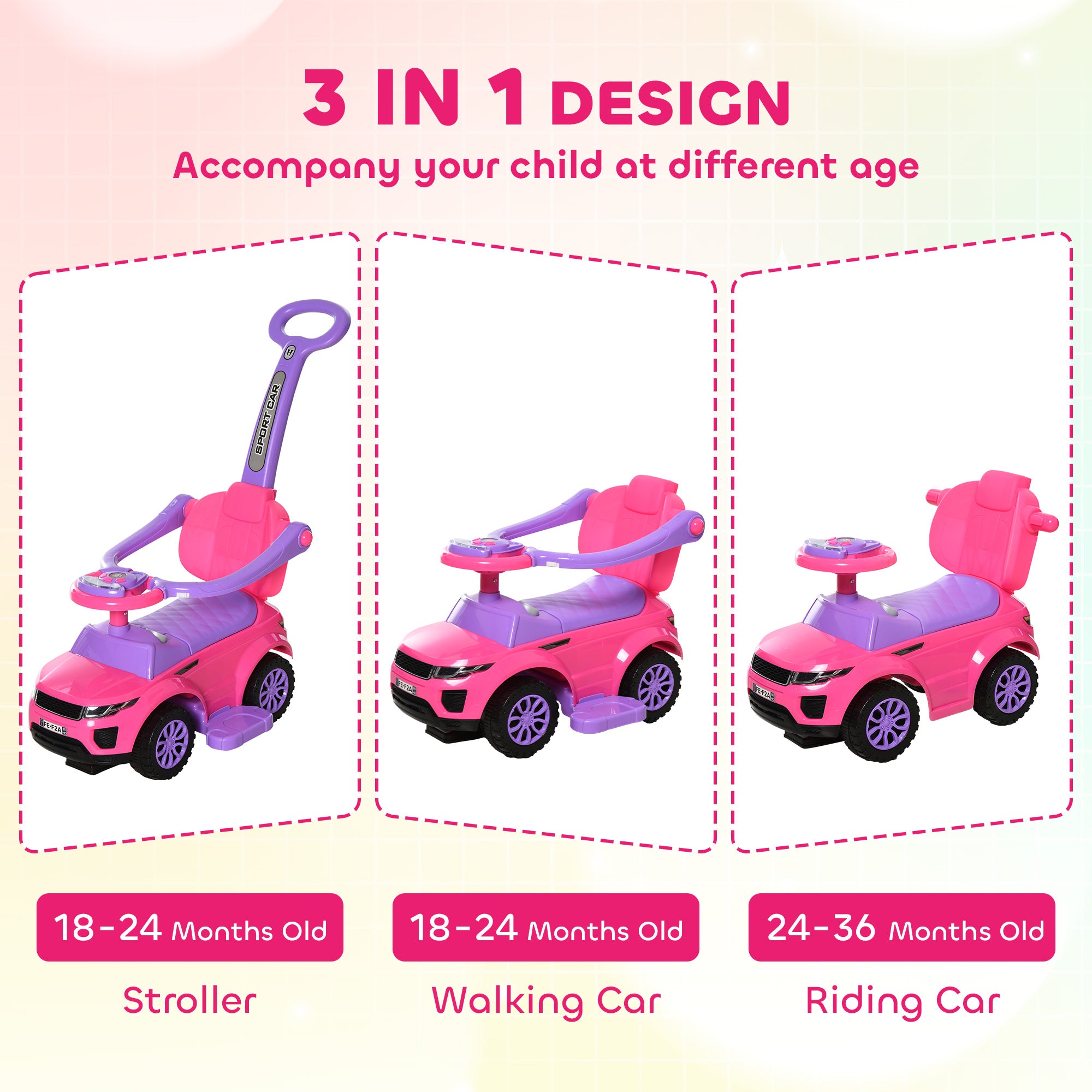 3 In 1 Push Cars for Toddlers Kid Ride on Push Car Stroller Sliding Car with Horn Music Light Function Secure Bar Ride on Toy for Boy Girl 18-36 Months, Pink