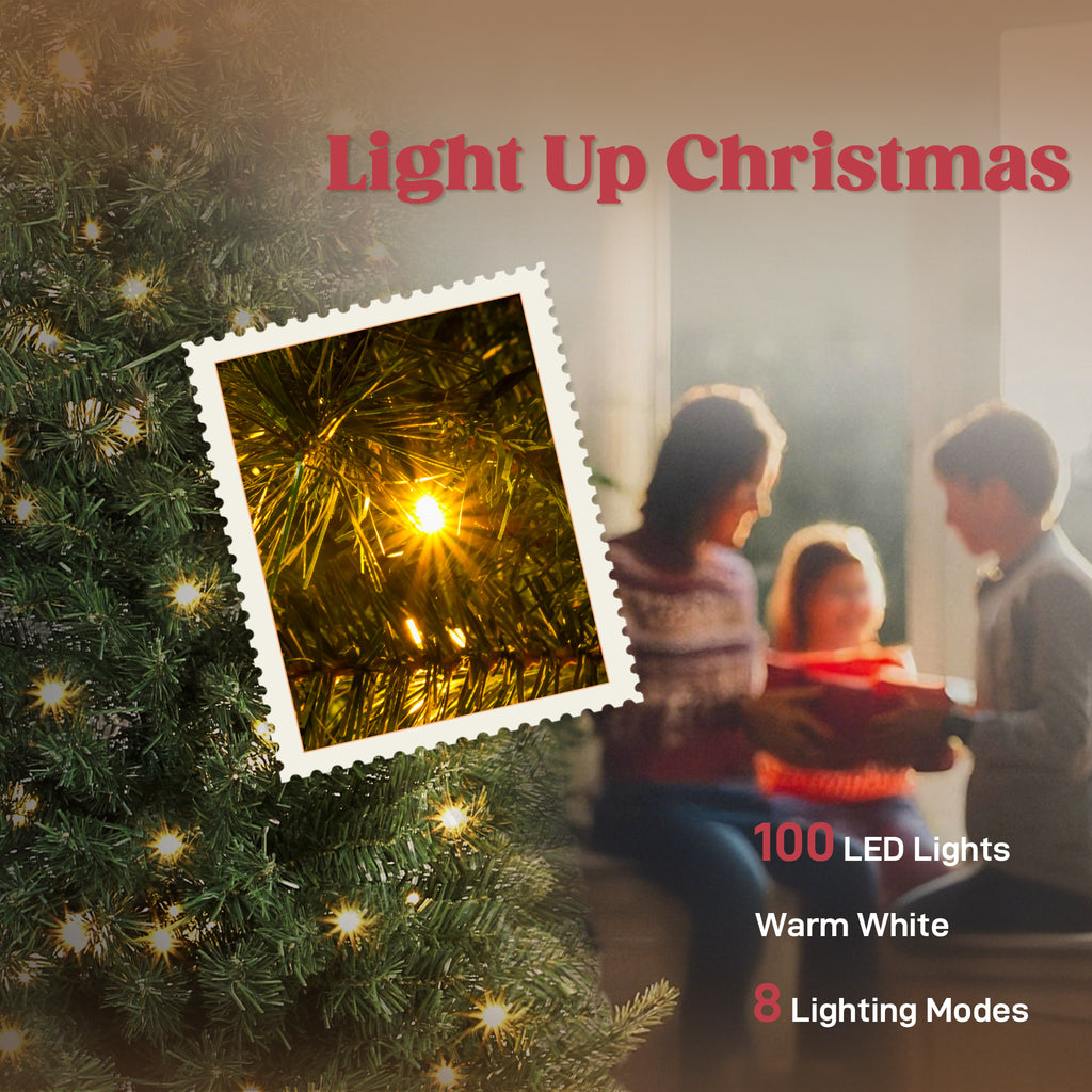5 ft Prelit Christmas Tree, Whimsical Xmas Tree Slim High Mountain Fir with 100 LEDs and Metal Stand, Green