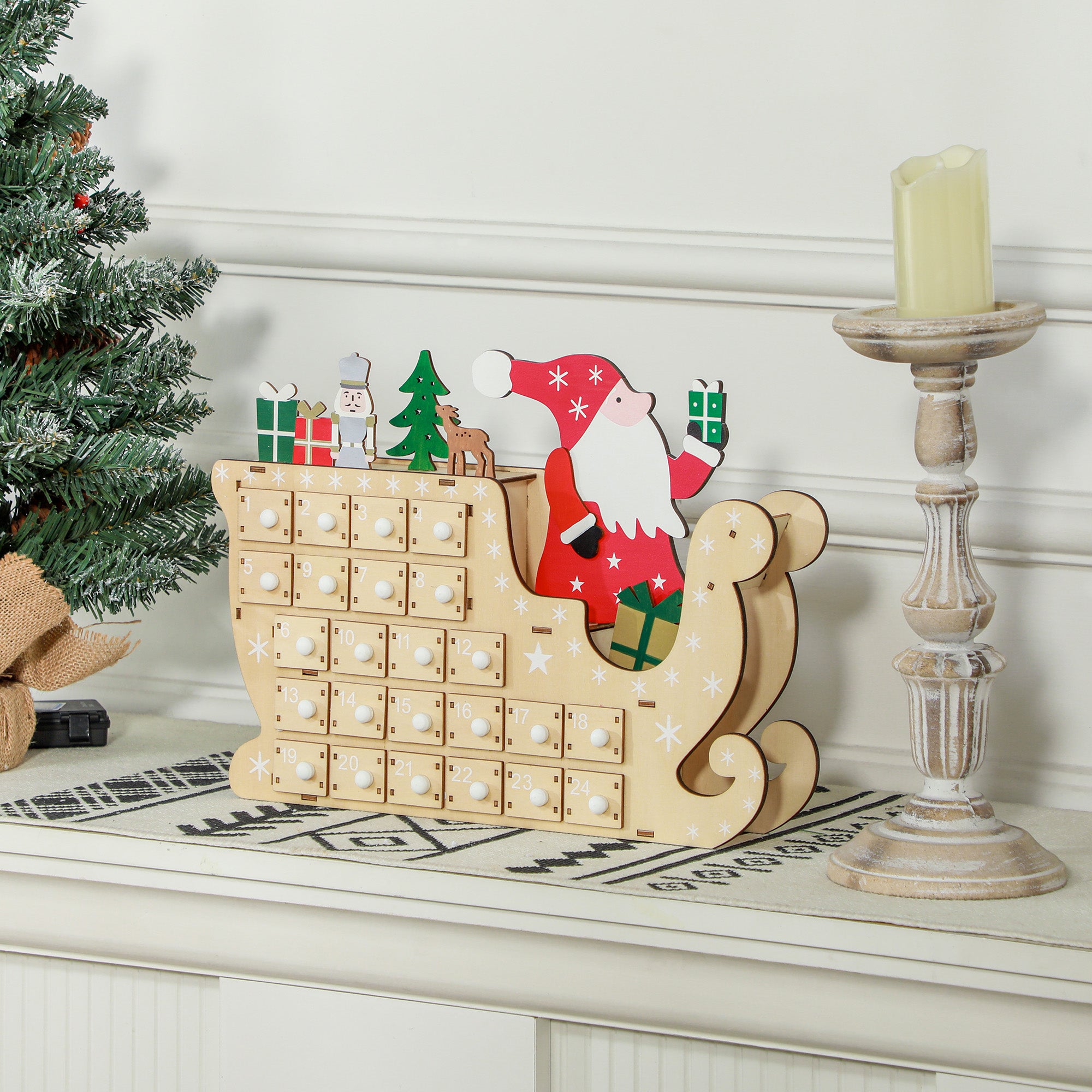 Wooden Christmas Advent Calendar with 24 Countdown Drawers, Reusable Holiday Decor Xmas Gift for Kids Adults, Natural