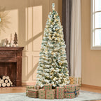6ft Pre-Lit Snow-Flocked Slim Douglas Fir Artificial Christmas Tree with Realistic Branches, 250 LED Lights and 462 Tips