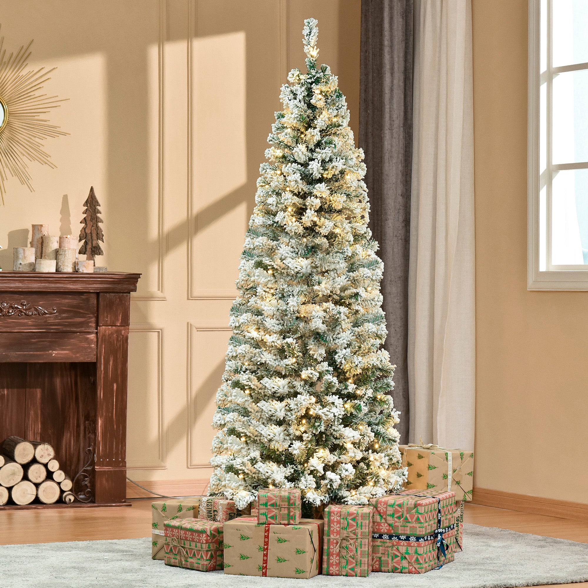 6ft Pre-Lit Snow-Flocked Slim Douglas Fir Artificial Christmas Tree with Realistic Branches, 250 LED Lights and 462 Tips