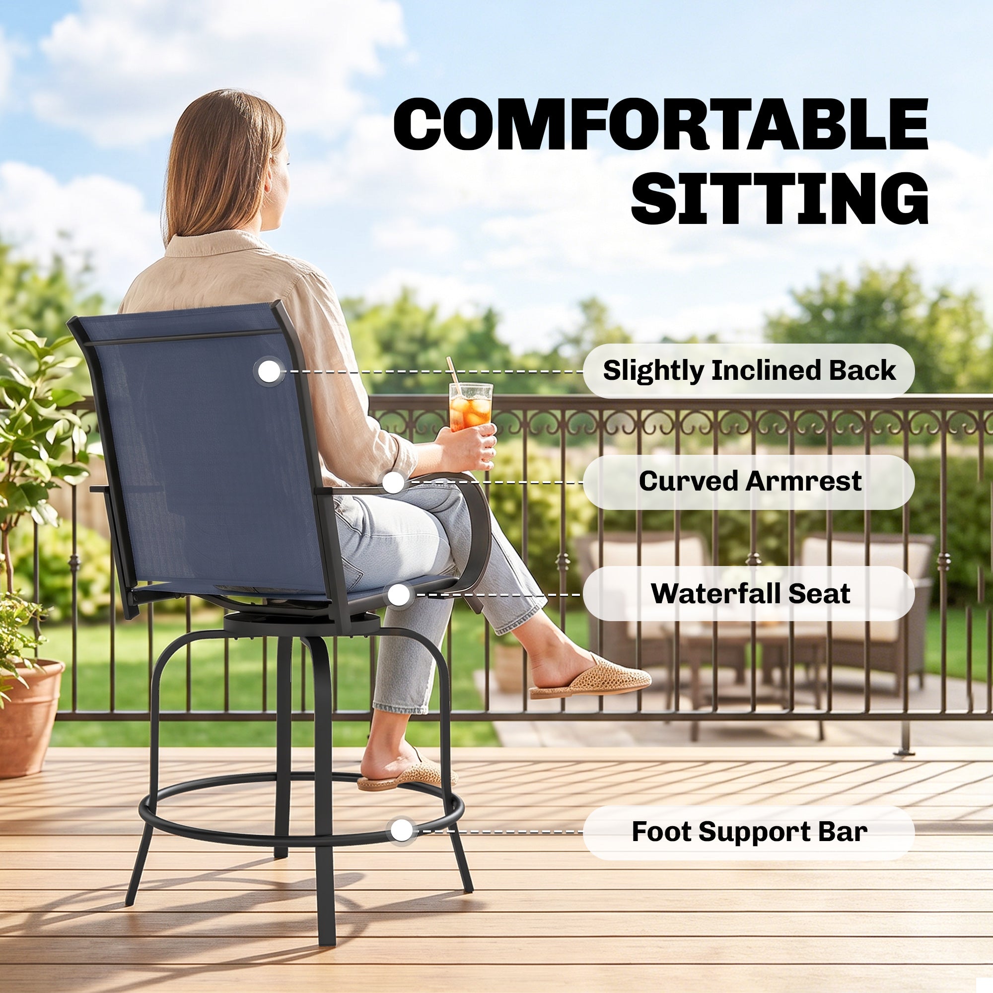 Outdoor Bar Stools Set of 2, 360° Swivel Bar Height Chairs, 26.75" x 29.5" x 48.5", Navy Blue