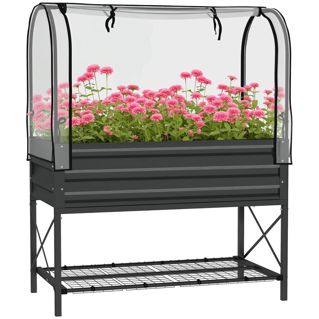 Raised Garden Bed with Legs and Cover, Metal Elevated Planter Box with Bottom Shelf and Liner for Vegetables, Black