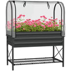 Raised Garden Bed with Legs and Cover, Metal Elevated Planter Box with Bottom Shelf and Liner for Vegetables, Black