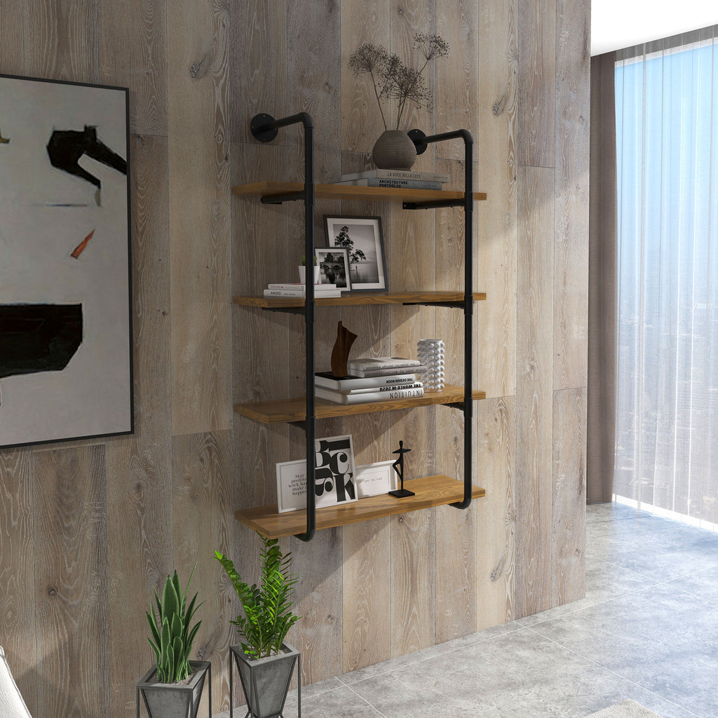 4-Tier Industrial Pipe Shelves Floating Wall Mounted Bookshelf, Metal Frame Display Rack, Rustic Brown