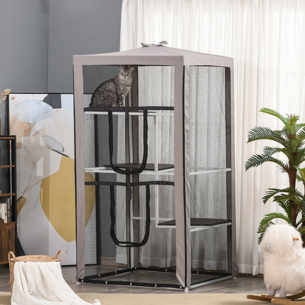 79"H Cat House Kitten Enclosure Mesh Playpen Steel Frame with 3 Platforms, 2 Doors and 4 Sandbags for Stability, Indoor/Outdoor