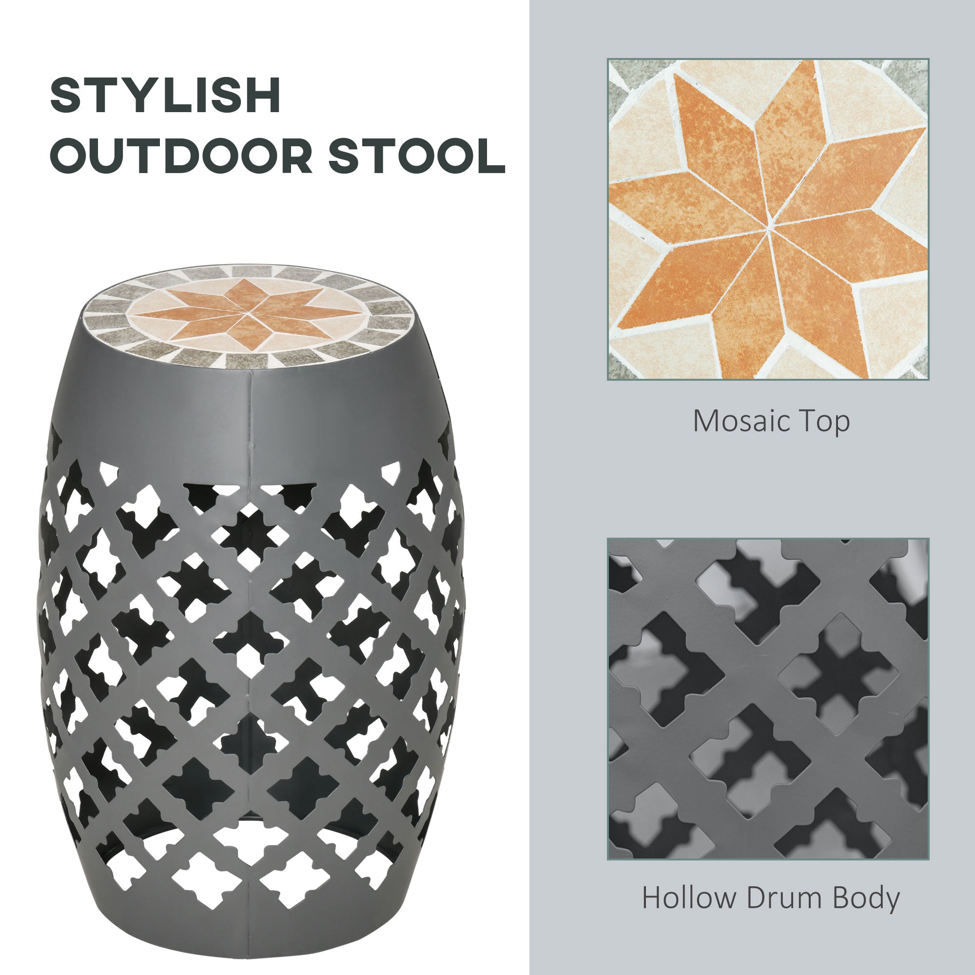 Decorative Outdoor Stool, 12" Round Patio Side Table, Mosaic Accent Plant Stand for Garden, Balcony, Gray
