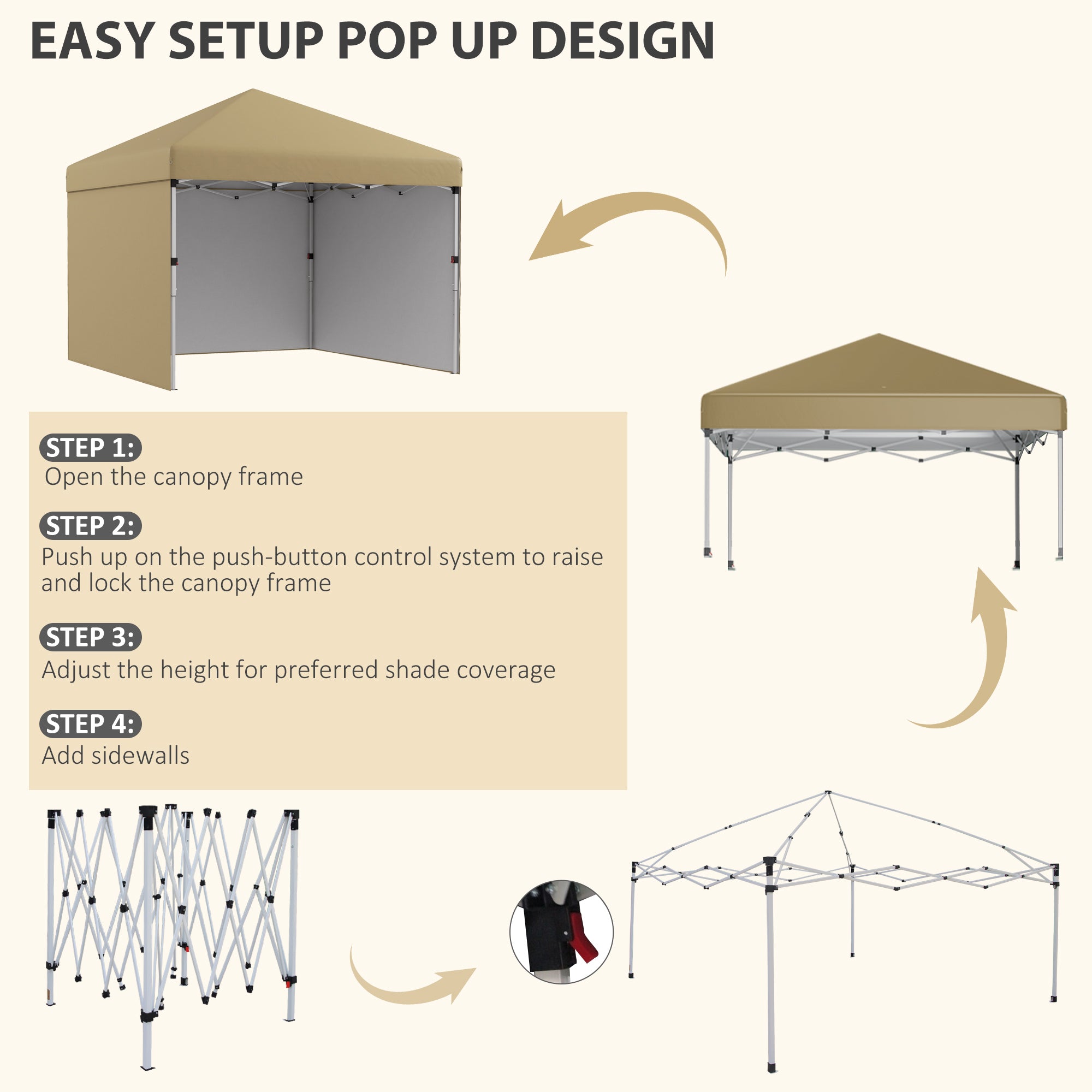 10' x 10' Pop Up Canopy with Sidewalls, Weight Bags and Carry Bag, Height Adjustable Tent for Parties, Beige