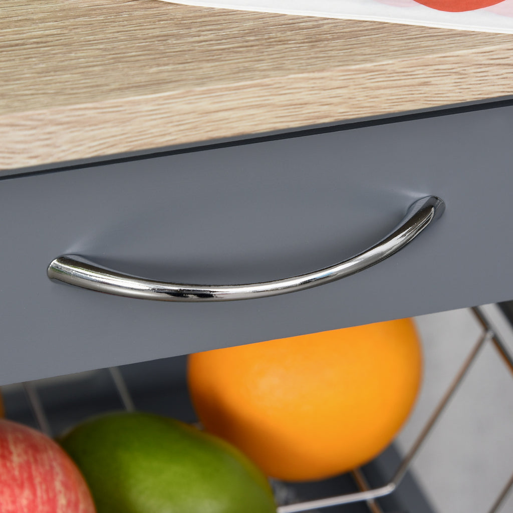Mobile Kitchen Cart, Rolling Kitchen Island with Storage, Utility Cart with Wire Fruit Baskets, Trays and Drawer, Gray