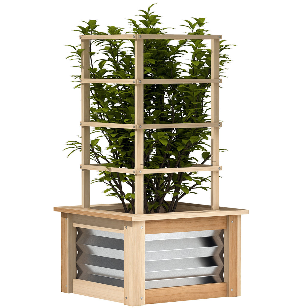 Wooden Raised Garden Bed with Trellis, Galvanized Planter Box Elevated Garden Bed for Garden, Patio, Natural Wood