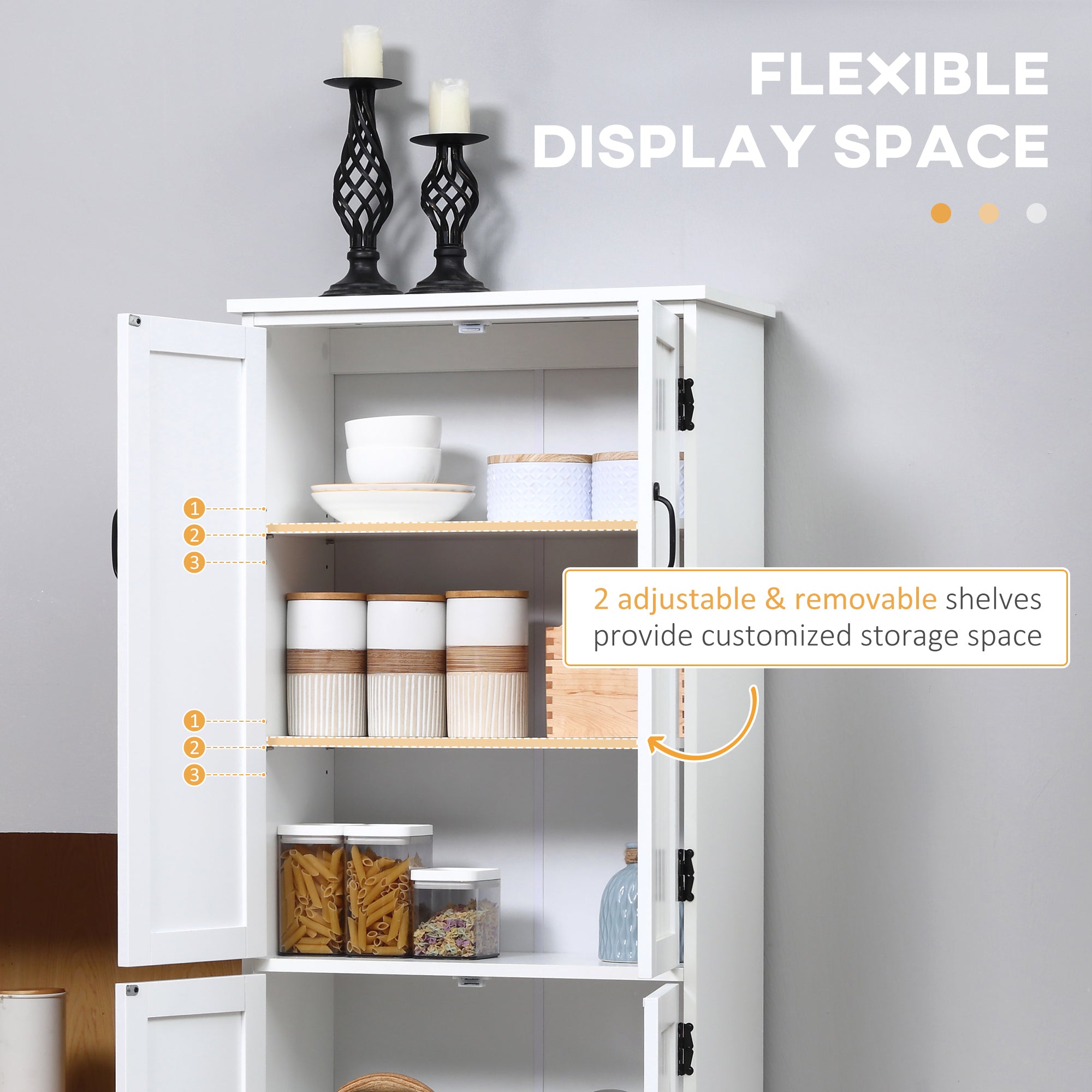 Accent Floor Storage Cabinet Kitchen Pantry with Adjustable Shelves and 2 Lower Doors, White