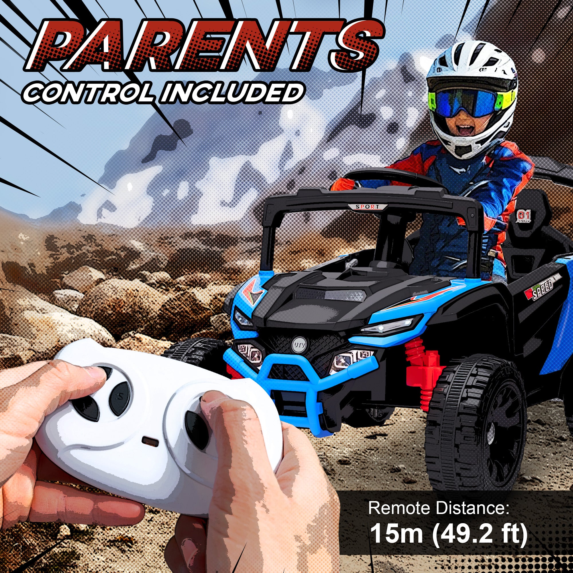 12V Kids Ride On Truck, Battery Powered Electric UTV Vehicle with Rear Suspension, Remote Control for 3-5 Years, Blue
