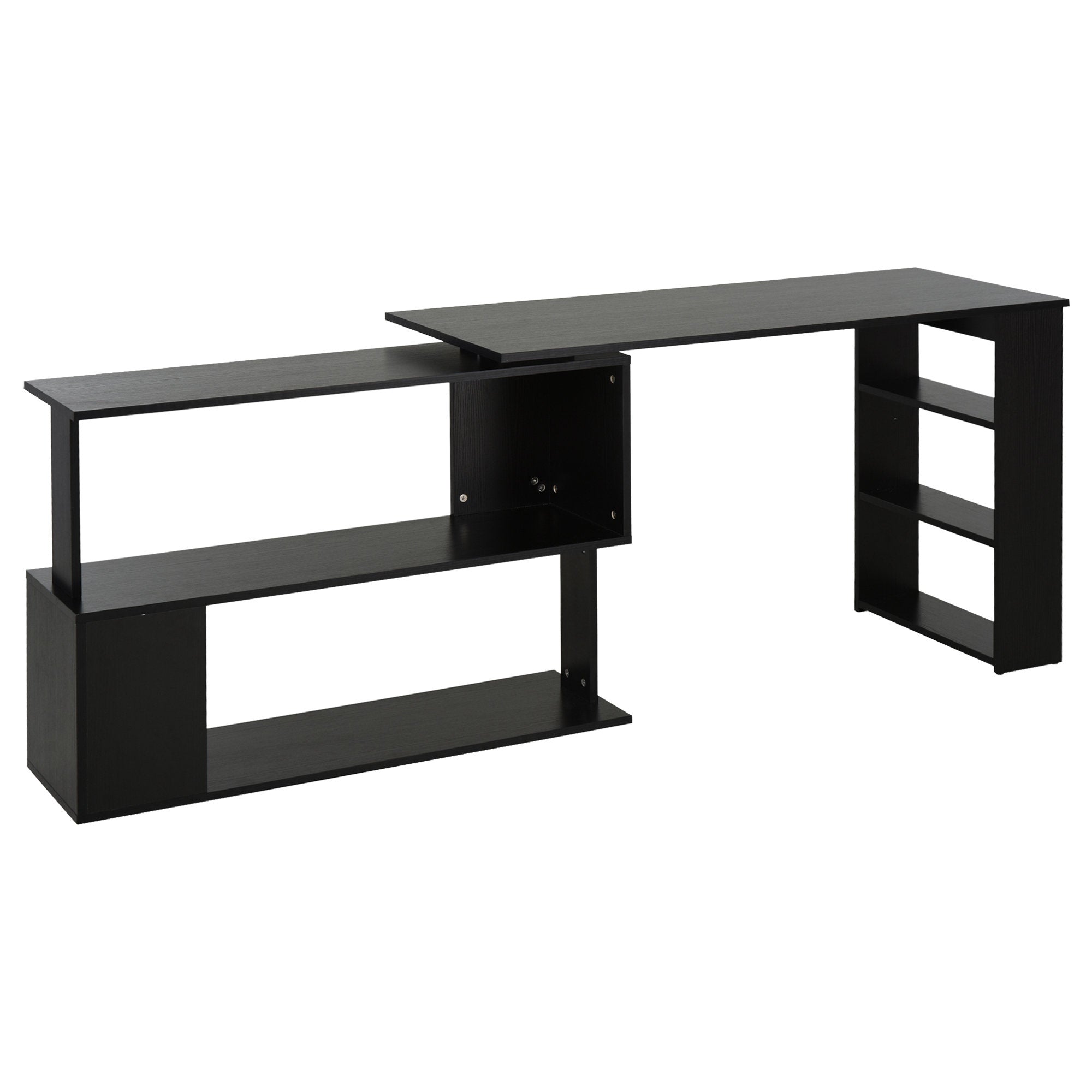 L Shaped Desk, Corner Computer Desk, 360 Degree Rotating Home Office Desk with Storage Shelves, Writing Table Workstation, Black
