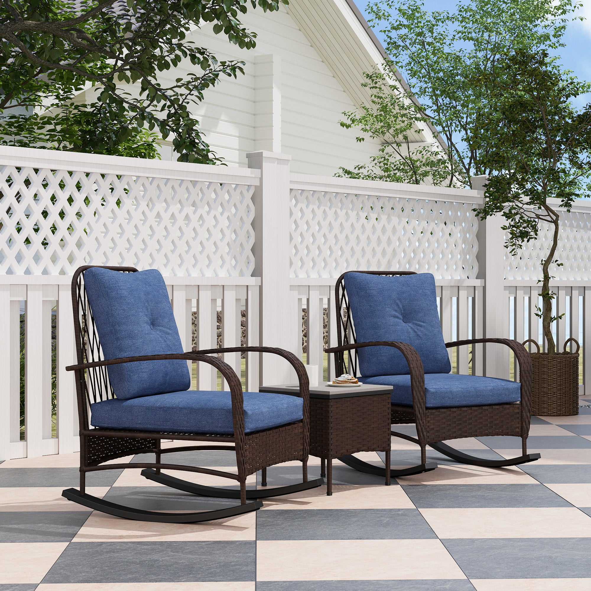 3 Piece Wicker Patio Furniture Set, Outdoor PE Rattan Rocking Chairs with Coffee Table, Cushions for Porch, Brown