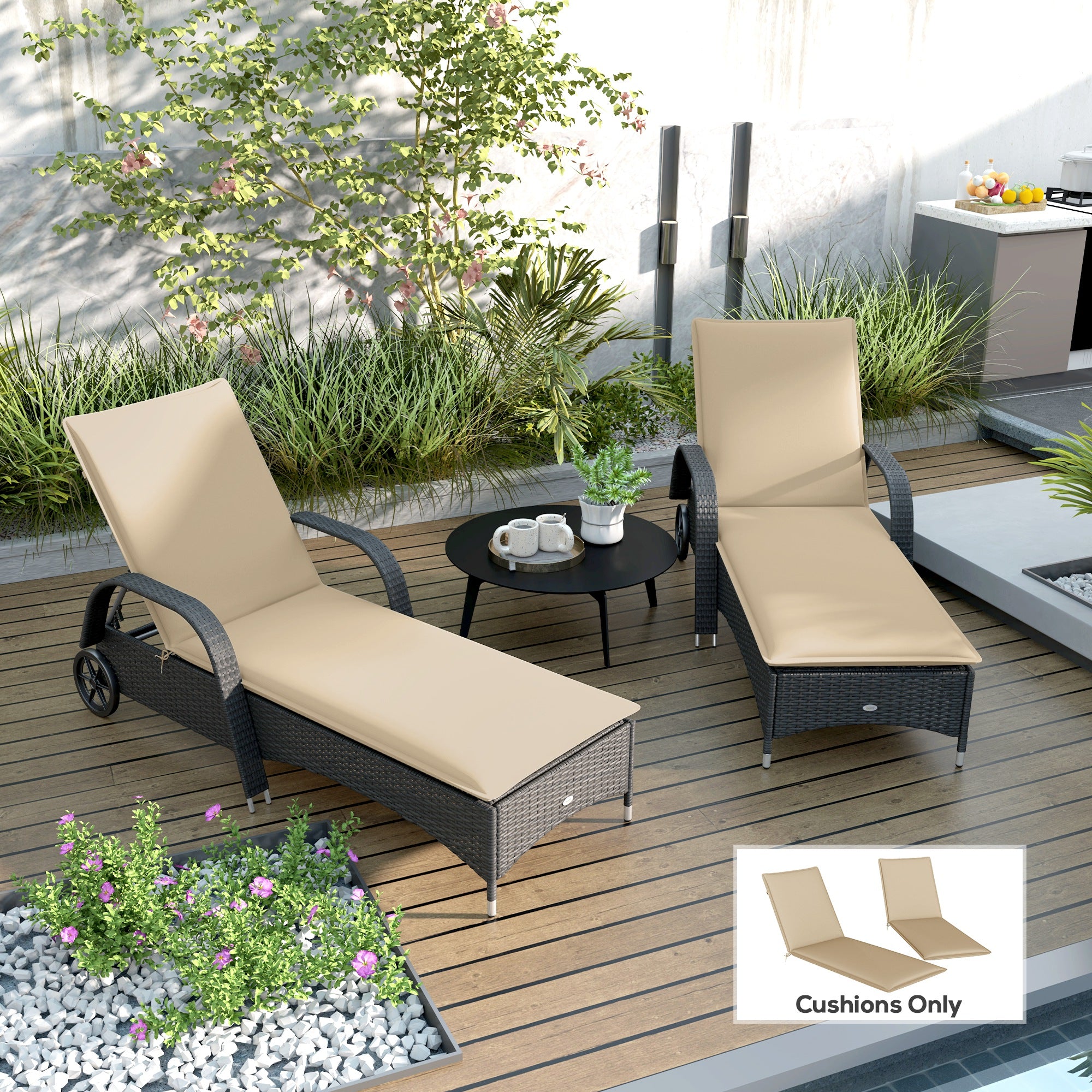 Foldable Chaise Lounge Cushion Set of 2, Outdoor Lounge Chair Cushion Set, UPF50+ 200gsm Fabric, 76" x 23", Beige