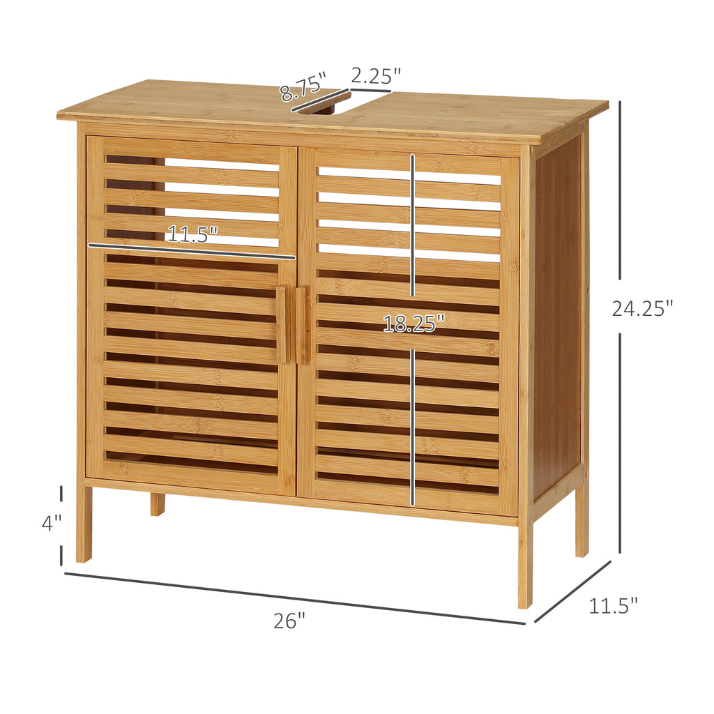 Freestanding Bathroom Sink Cabinet, Bamboo Under Sink Cabinet Cupboard Organizer with 2 Slatted Doors, Natural