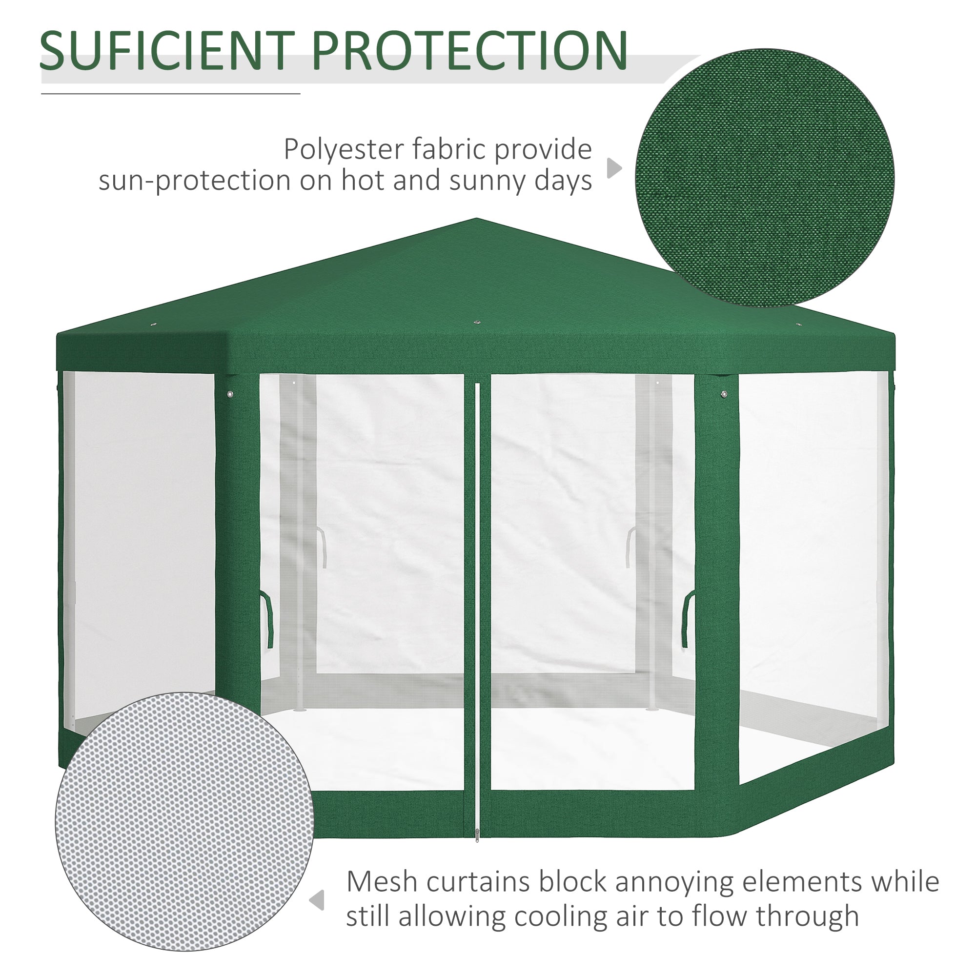 13' x 11' Outdoor Party Tent, Hexagon Sun Shade Shelter Canopy w/ Protective Mesh Sidewalls, Ropes & Stakes, Green