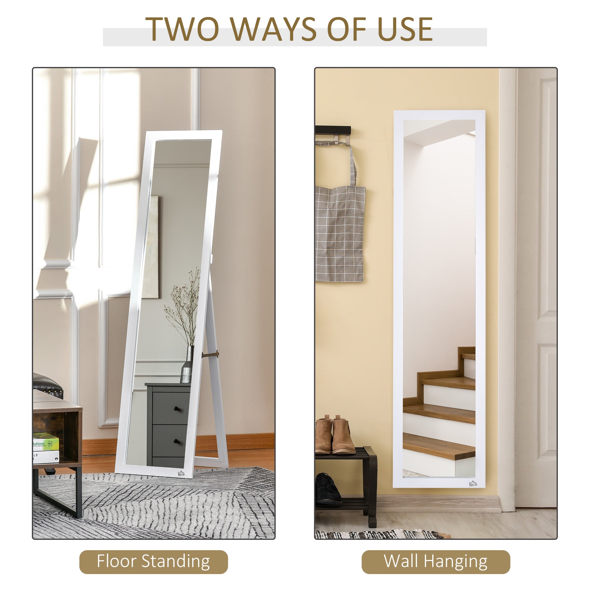 Full Length Glass Mirror, Freestanding or Wall Mounted Dress Mirror for Bedroom, Living Room, Bathroom, White