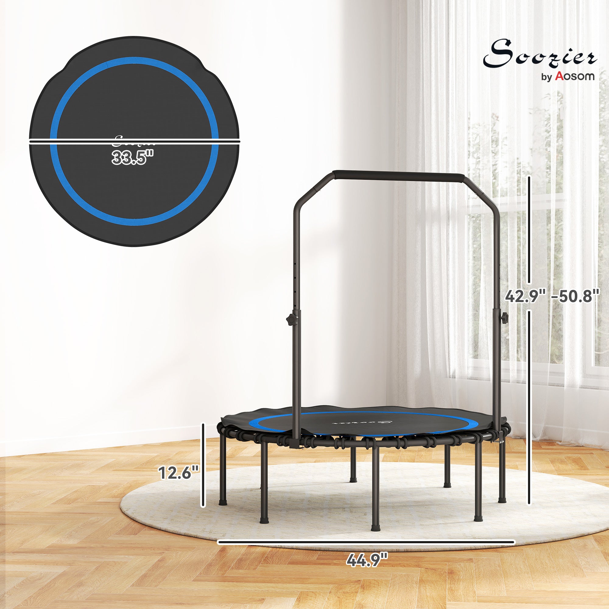 45" Rebounder Trampoline for Adults, Foldable Mini Trampoline with Adjustable Handle Bar for Indoor Outdoor, Blue