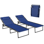 2 Folding Chaise Lounge Pool Chairs with 4-Position Reclining Back, Pillow, Breathable Mesh & Bungee Seat, Blue