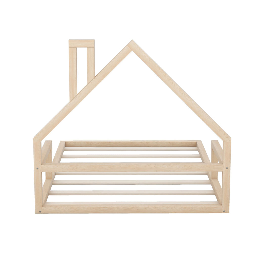 Full Size Wood Floor Bed with House-Shaped Headboard, Sturdy Pine Wood Construction, Easy Assembly, 78" L x 56.5" W x 46.5" H, Natural