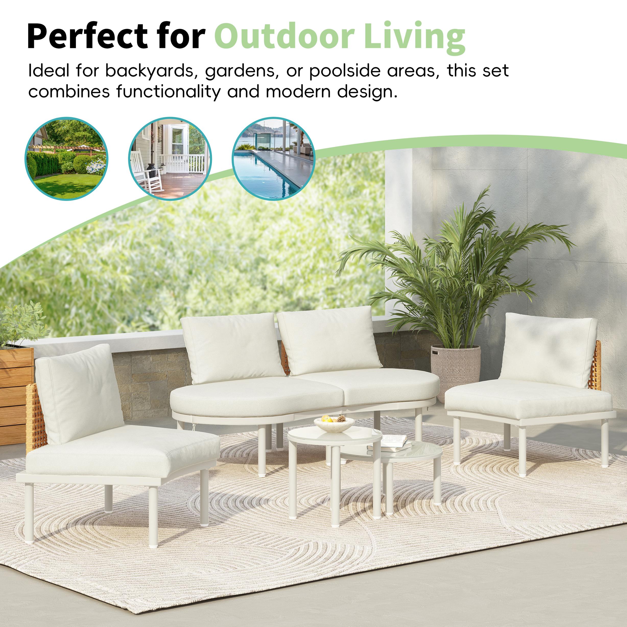 6-Piece Half Moon Patio Set with 2 Nesting Table for Backyard, Modular Wicker Sectional Sofa with Cushion, 34.5'' L x 25.5'' W x 12.5'' H, Beige