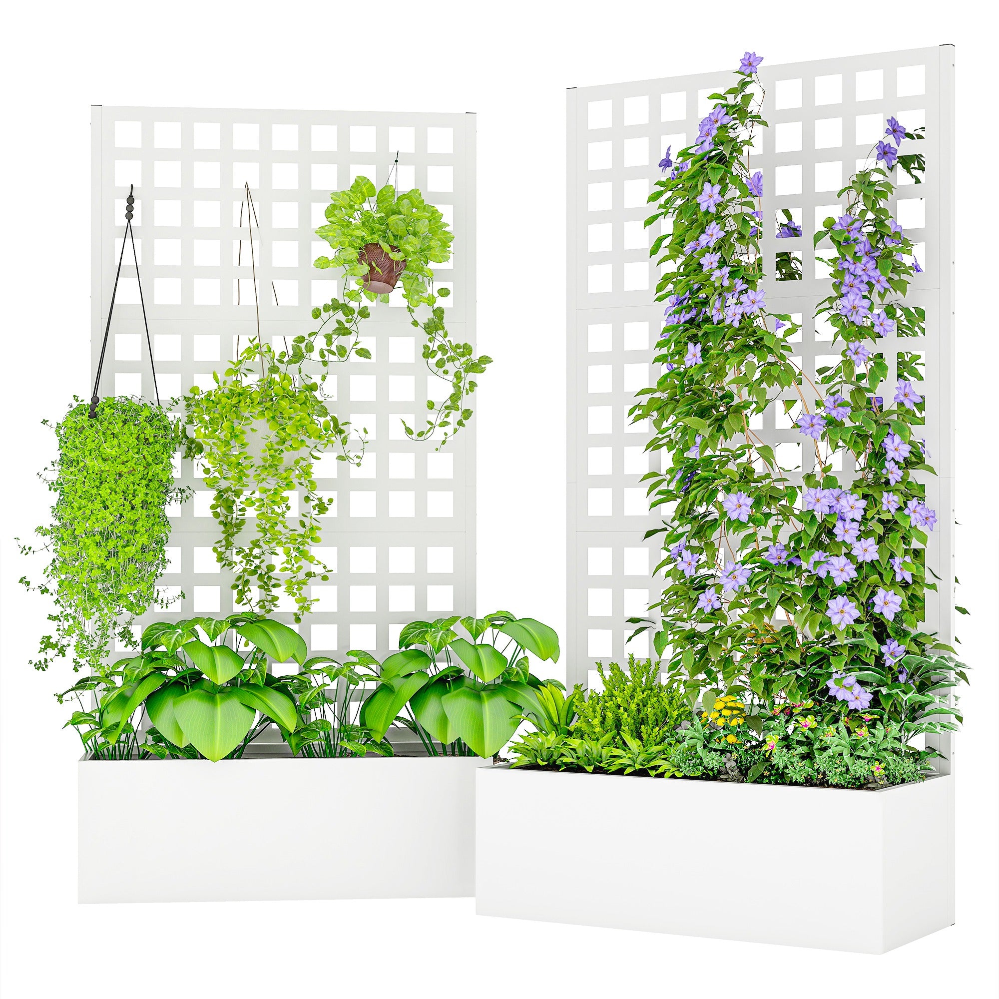 Galvanized Raised Garden Bed Planter Box with Trellis for Climbing Plants, Vegetable, Vines, 35" x 16" x 70", White
