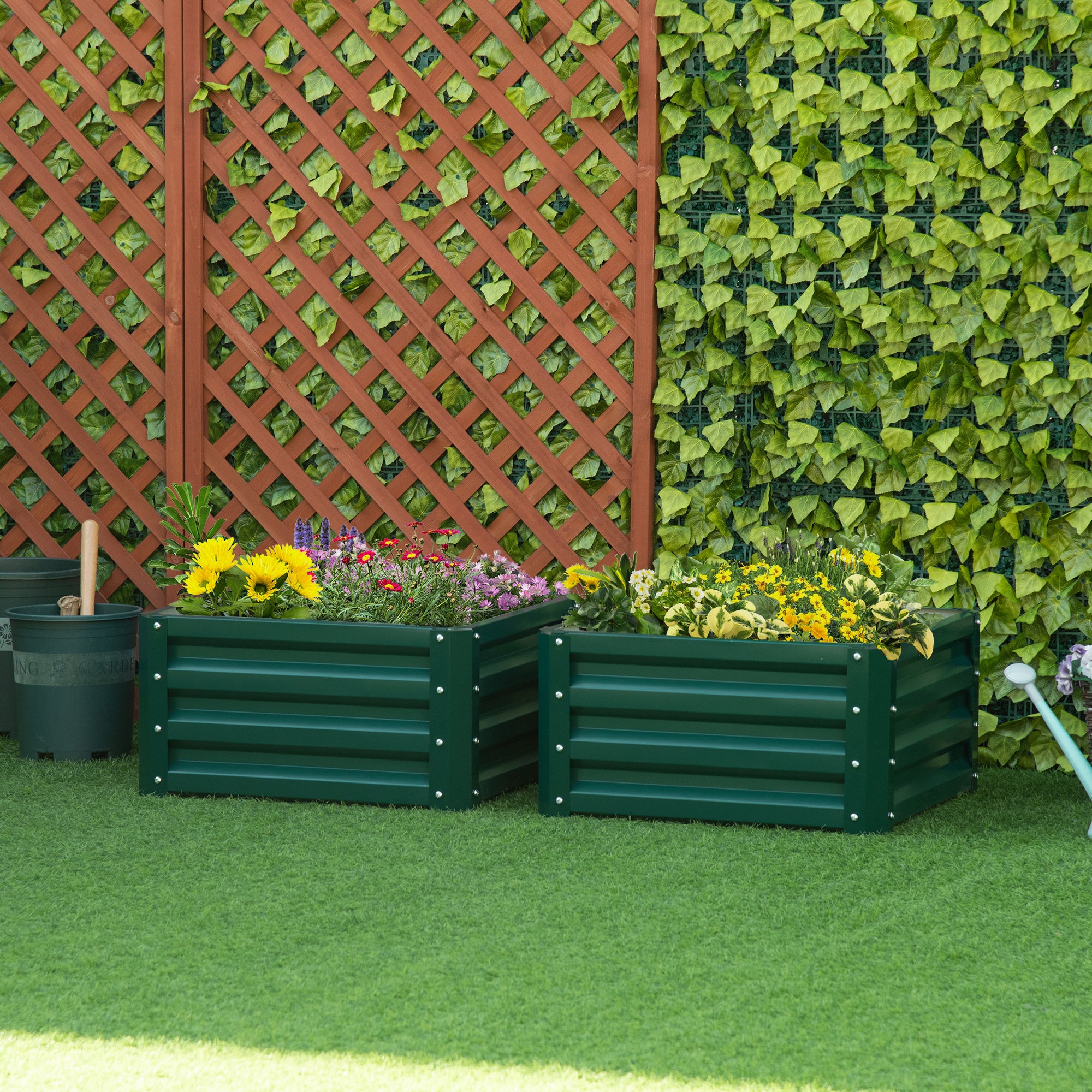 Galvanized Raised Garden Bed, Set of 2 Metal Planter Box with Open Bottom, All-Weather Steel Frame, Rust-Resistant, Easy-to-assemble, for Growing Vegetables, Flowers, Green