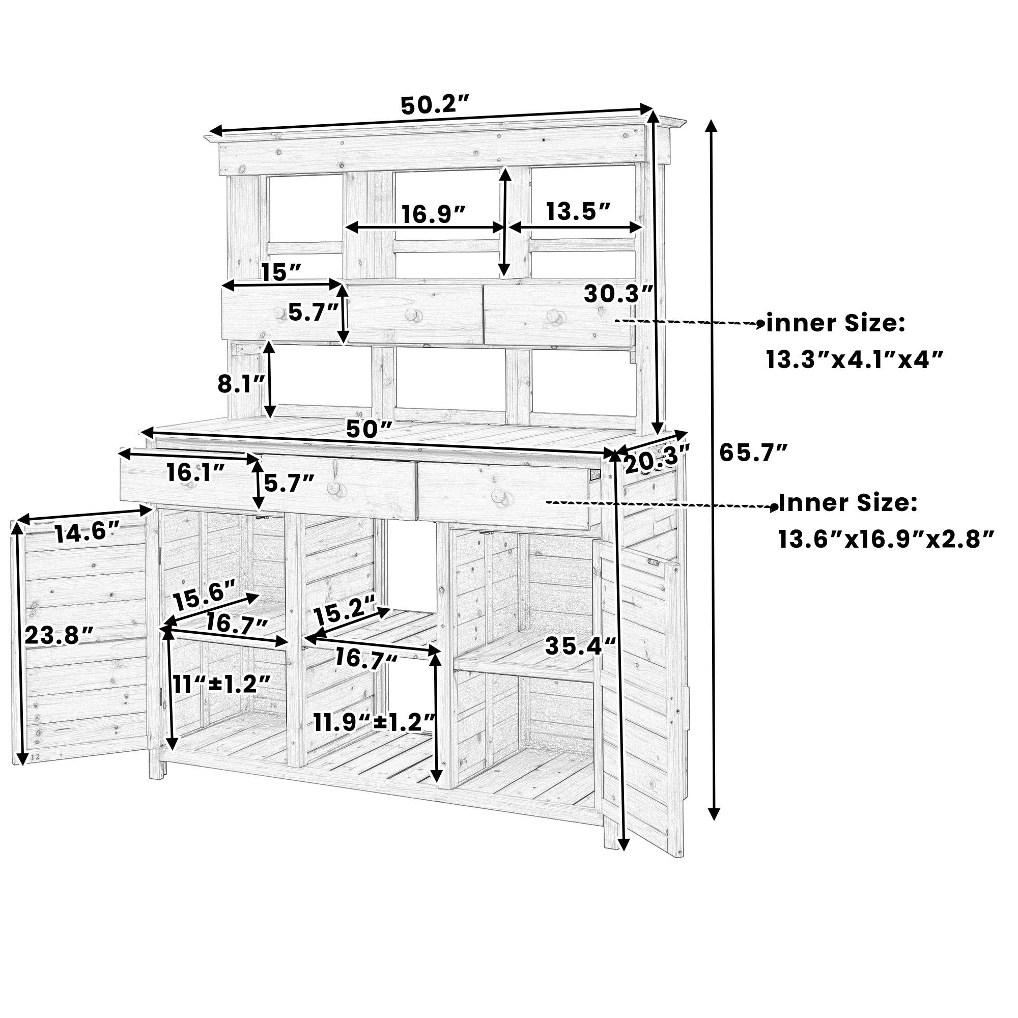 Tall Potting Bench with 3 Shelves, 6 Drawers, Hutch and Cabinet, Wood Garden Workstation for Patio, 50'' L x 20.5'' W x 65.5'' H, Natural