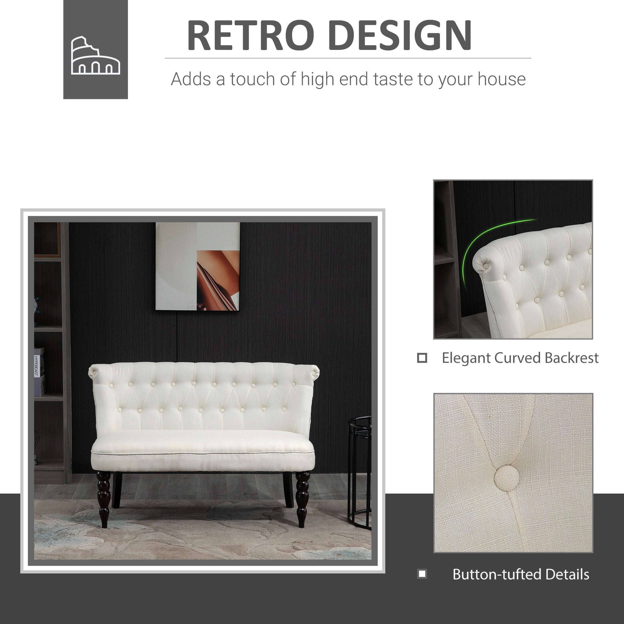 Upholstered Armless Fabric Loveseat with Button Tufted Design for Living Room with Wood Legs, Cream White