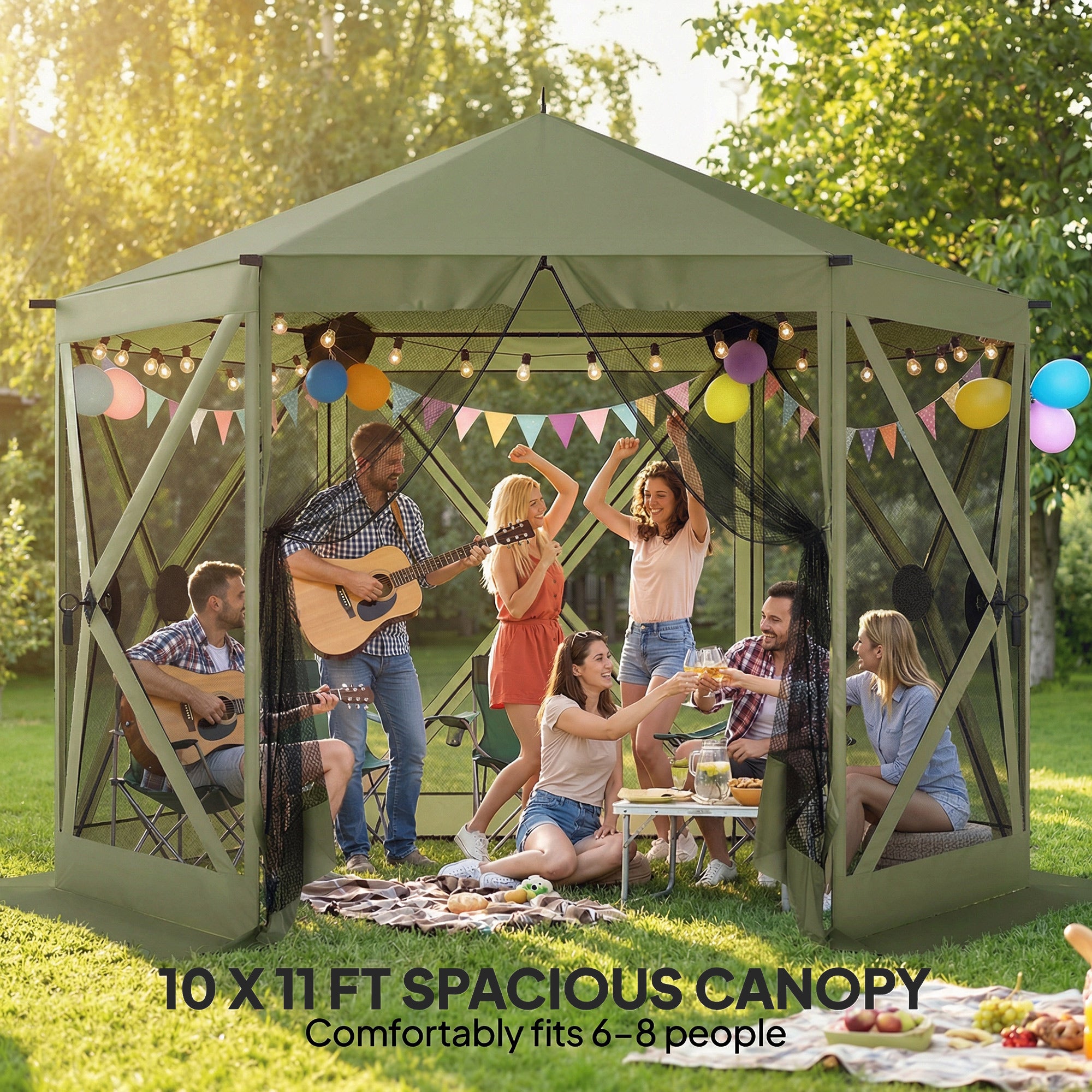 10 x 11 ft Pop Up Gazebo Screen Tent, Portable Instant Camping Canopy Screen House with Nettings, Carry Bag, Dark Green