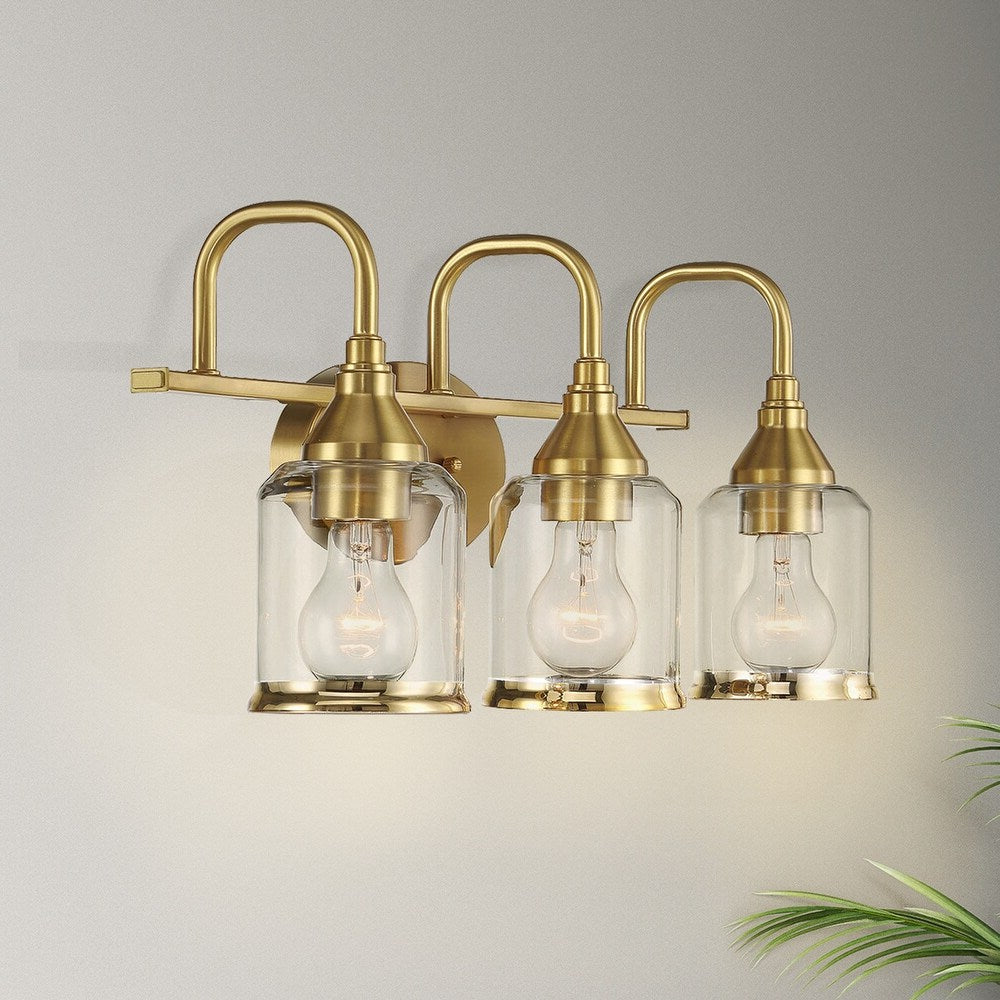 Twilight Three-Light Vanity Light with Contemporary Design, Brushed Gold Finish, Clear Glass, 7.5" L x 22" W x 10" H, Clear+Gold