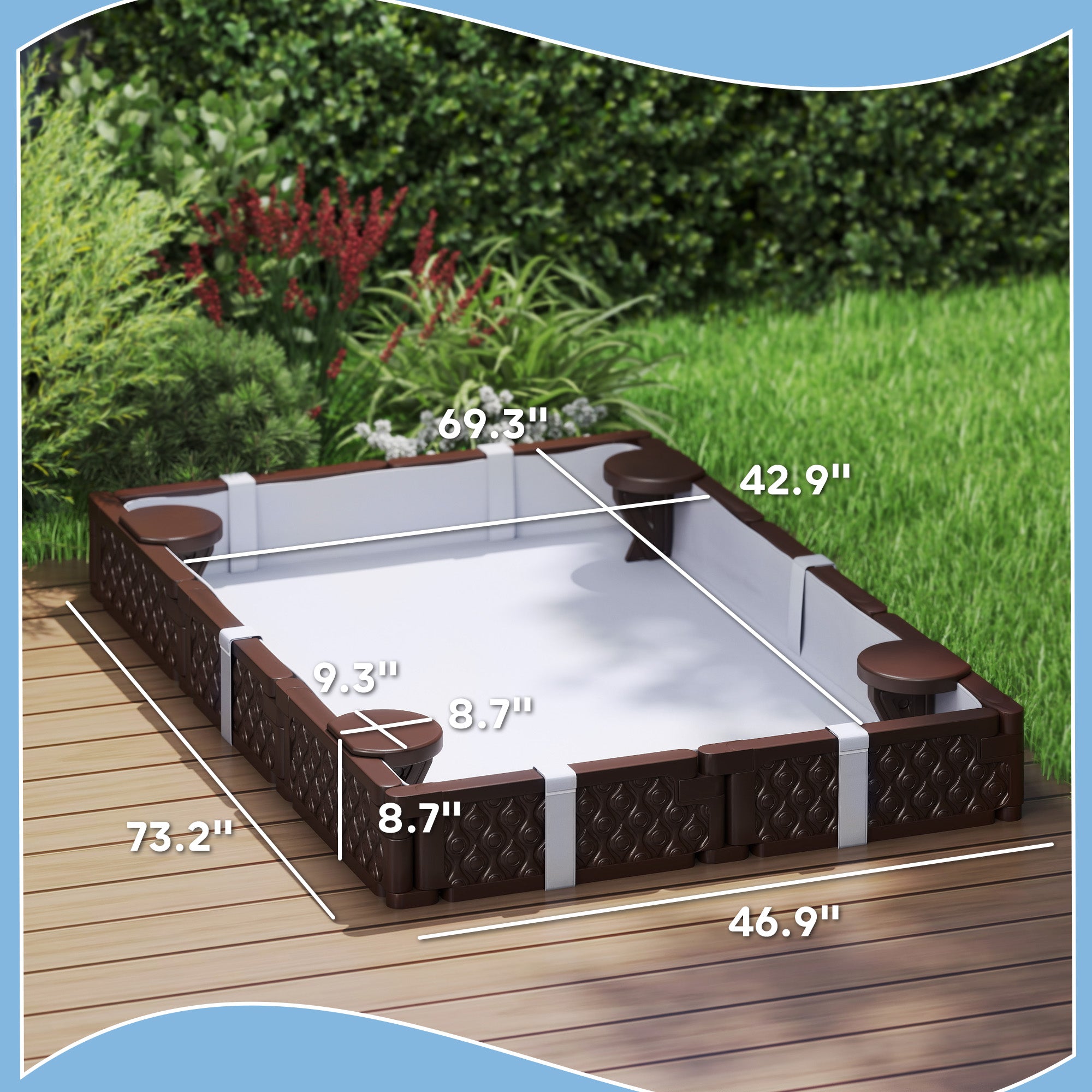 Kids Sandbox with Cover, 4 Corner Seats, Bottom Liner for Backyard, Garden, Outdoor, 73" x 47" x 9", Dark Brown