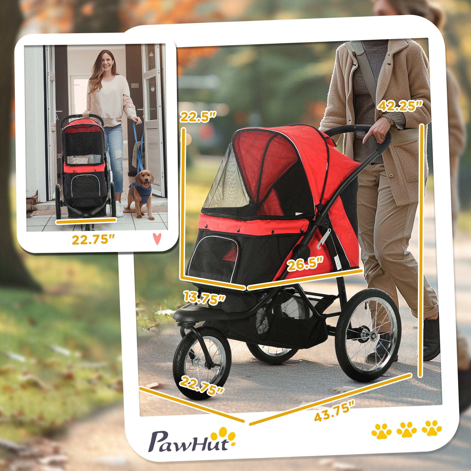 3 Wheels Pet Stroller for Small Dogs and Medium Dogs with Adjustable Canopy, Safety Tether, Storage Basket, Red