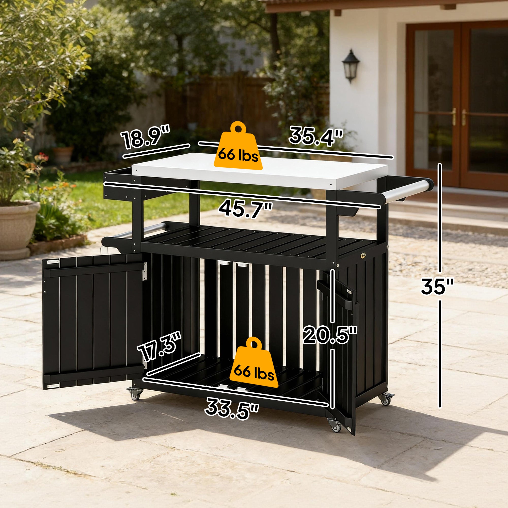 Outdoor Bar Cart with Storage, Stainless Steel Outdoor Bar Table Top, Wheeled HDPE Kitchen Island for Food Prep, Black