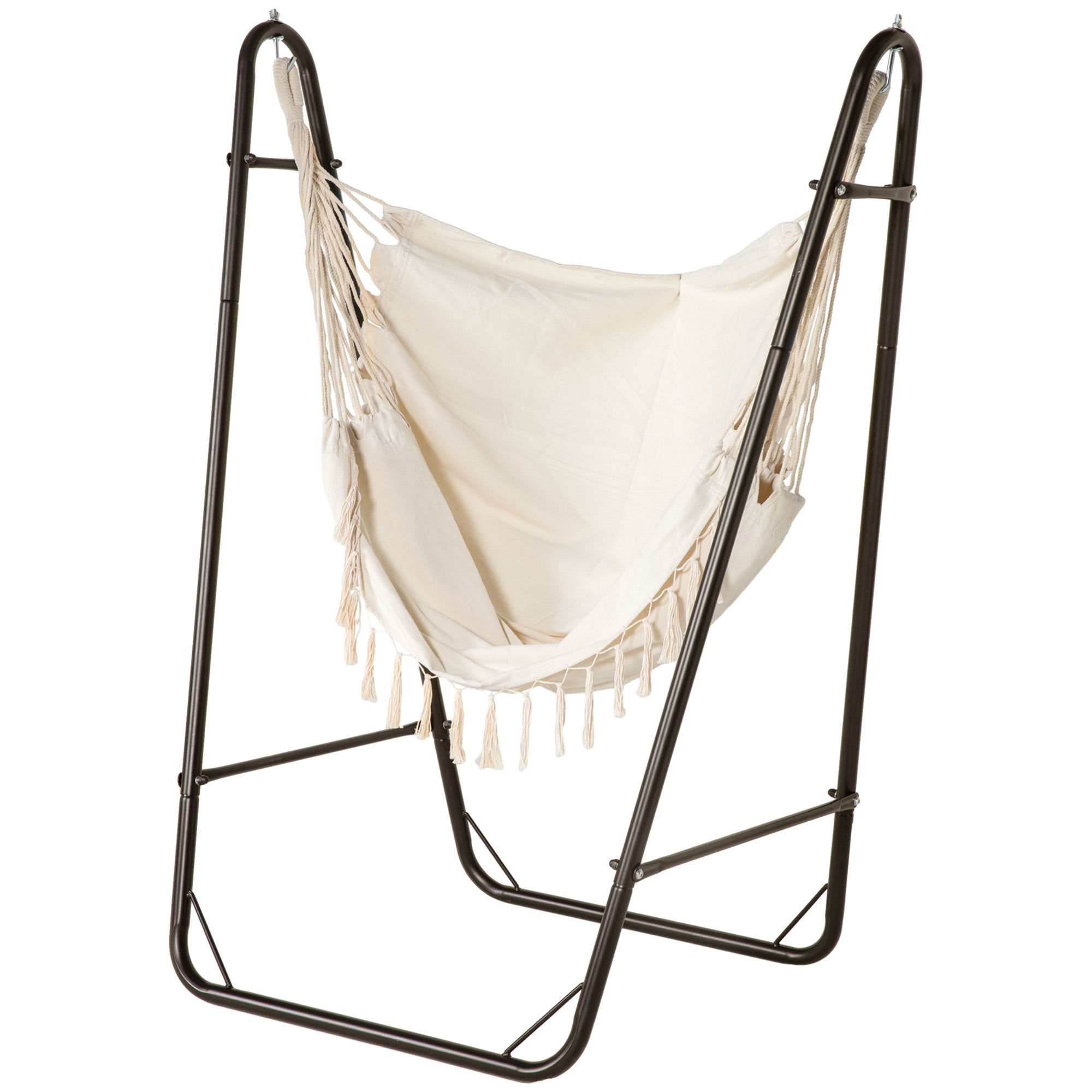 Hammock Chair with U Shape Stand, Hammock Swing Chair with A Side Pocket, Brown & Cream White