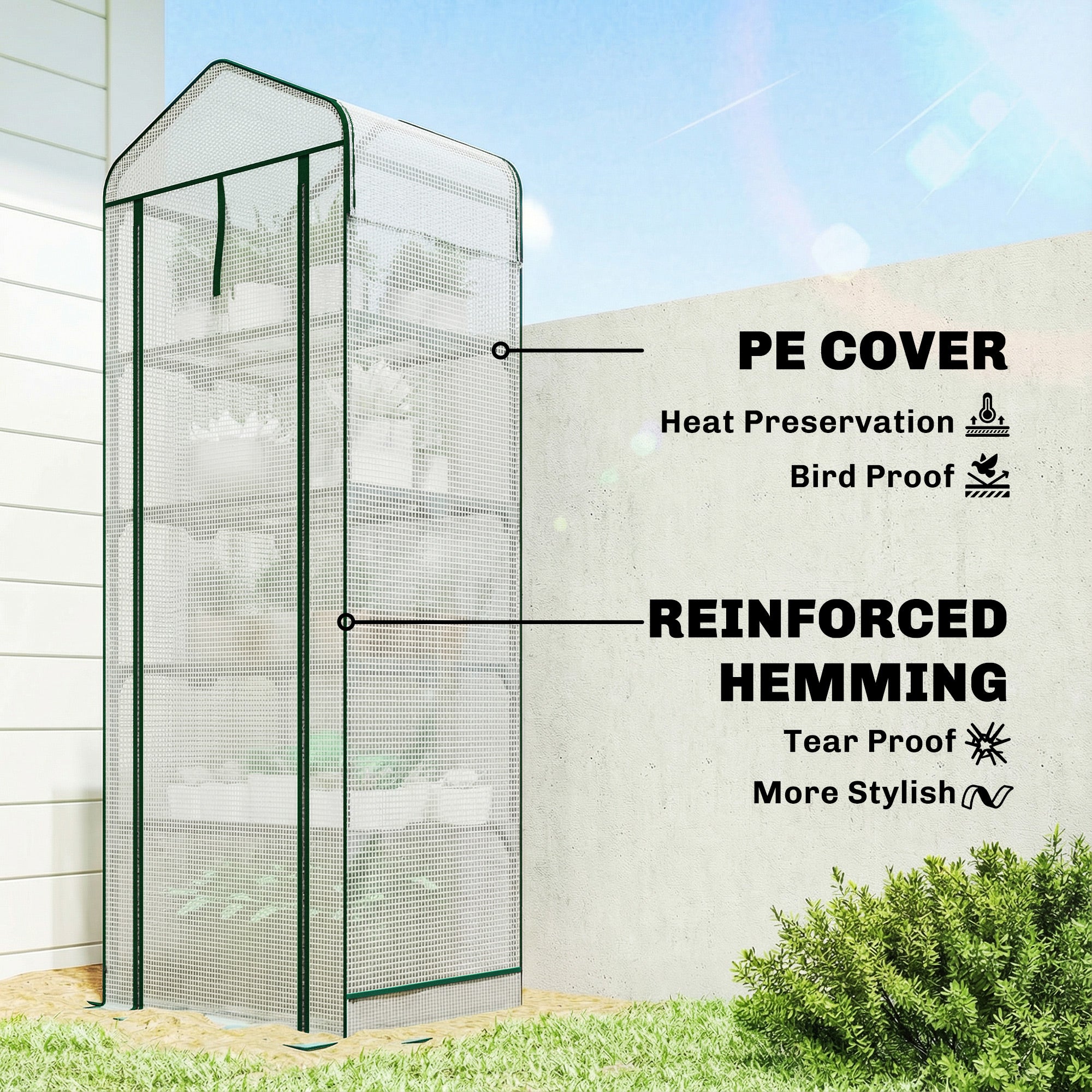 Mini Greenhouse with Screen Roof, 5 Tier Portable Small Greenhouse with High Strength PE Cover, White