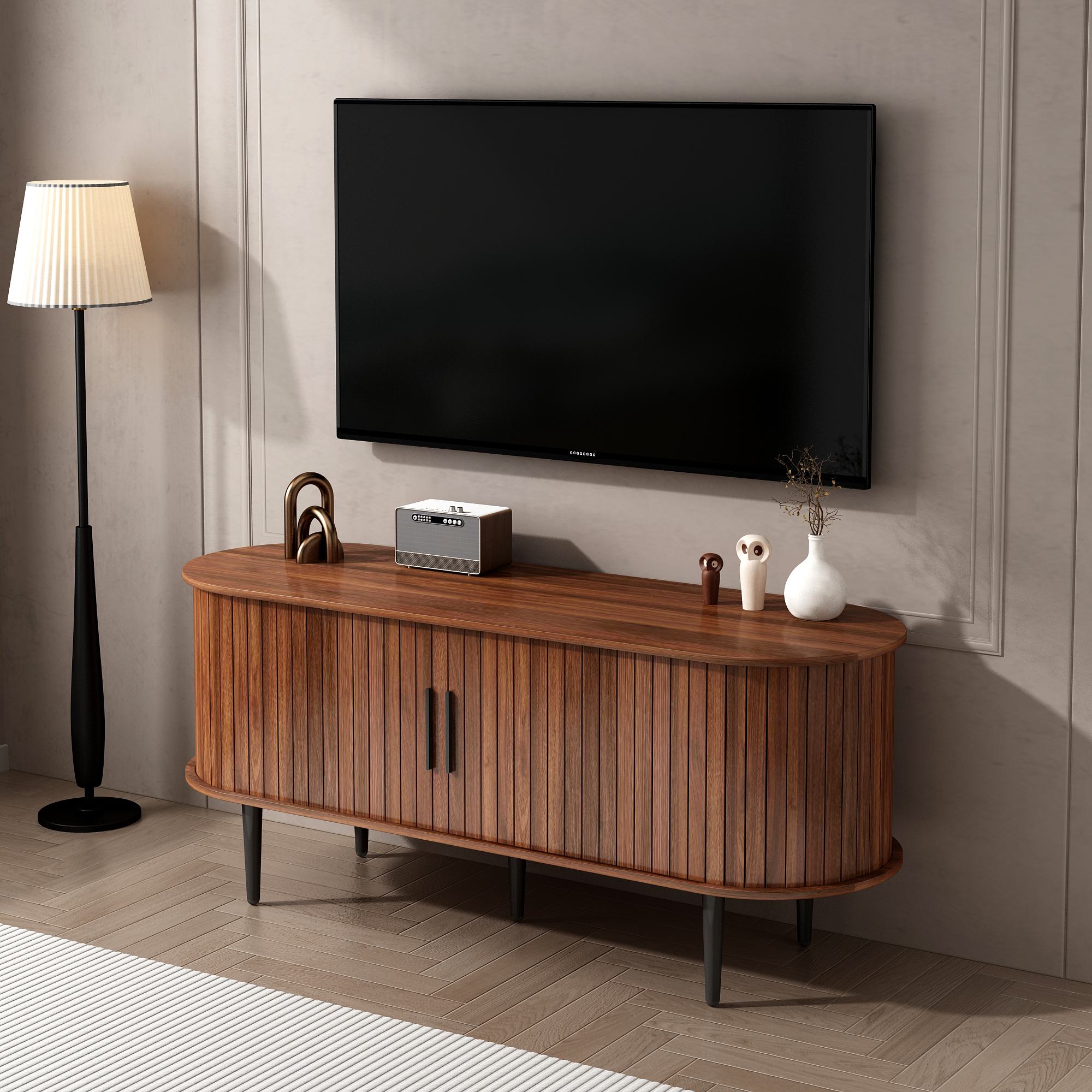 47" Modern TV Stand with Sliding Door, Gaming Entertainment Center with Storage Compartment and Cabinet, 47" L x 16" W x 21.5" H, Walnut