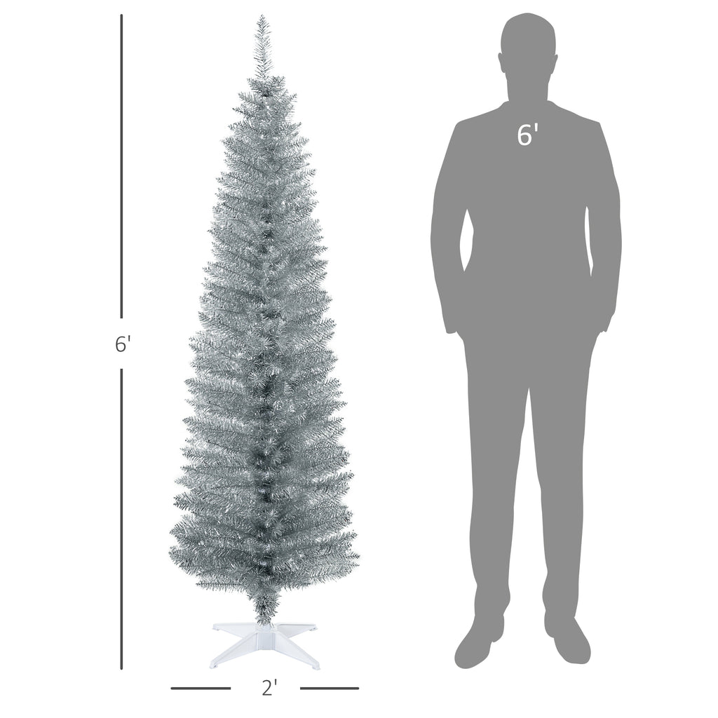 6' Artificial Pencil Christmas Tree, Slim Xmas Tree with 390 Realistic Branch Tips and Plastic Stand, Silver