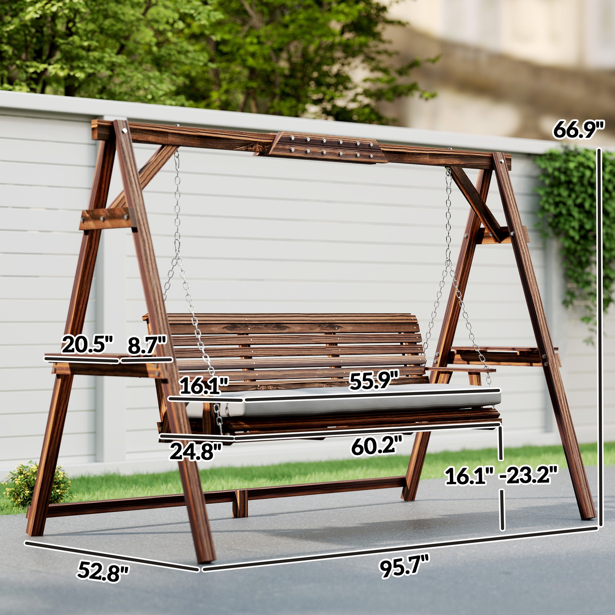 3 Seat Wooden Porch Swing with Stand, Patio Swing with Cushion, for Garden, Poolside, Backyard, Carbonized Brown