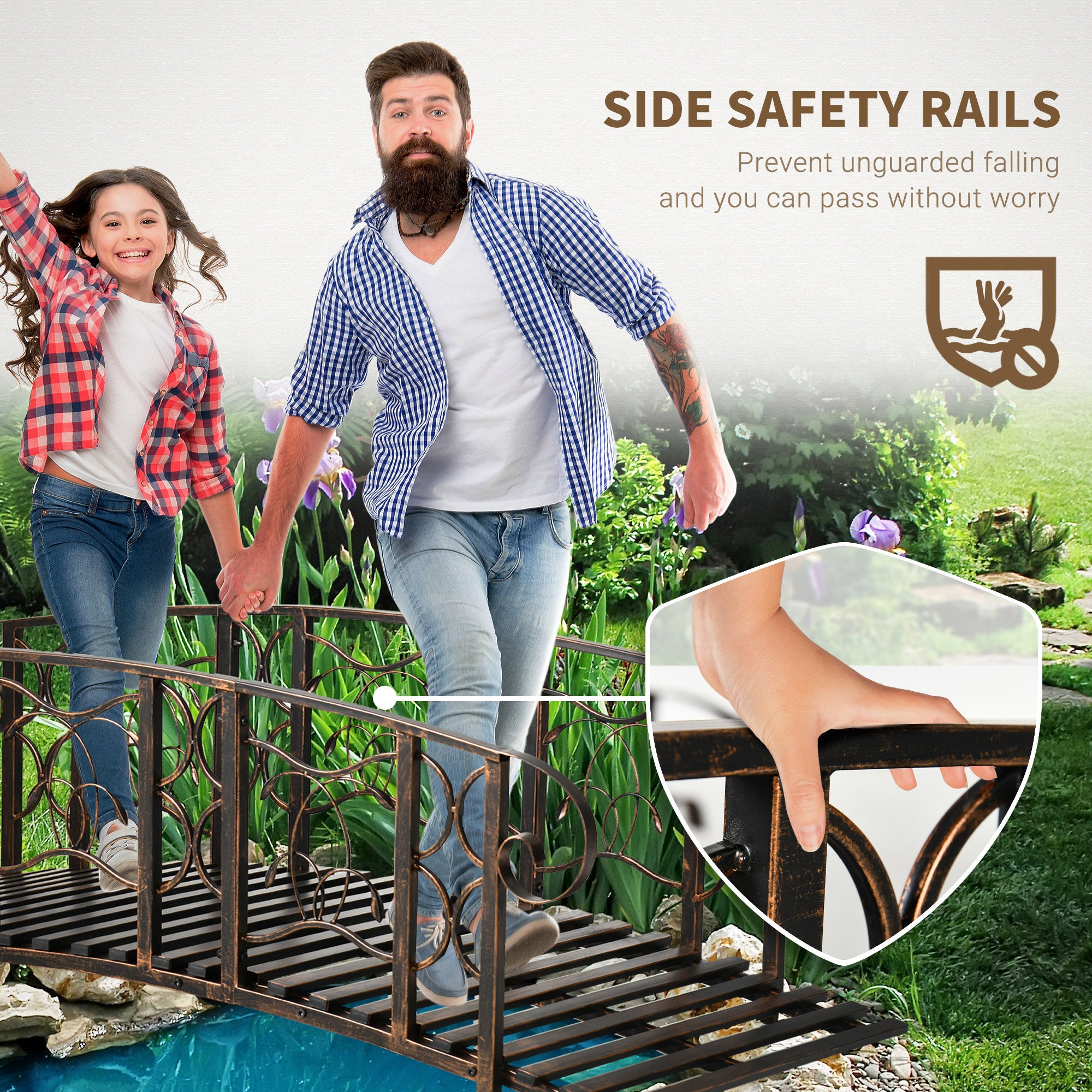 6' Metal Arch Backyard Garden Bridge with 660 lbs. Weight Capacity, Safety Siderails, Vine Motifs, Easy Assembly for Backyard Creek, Stream, Pond, Brown