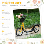Youth Scooter, Kick Scooter with Adjustable Handlebars, Double Brakes, 16" Inflatable Rubber Tires, Basket, Cupholder, Orange