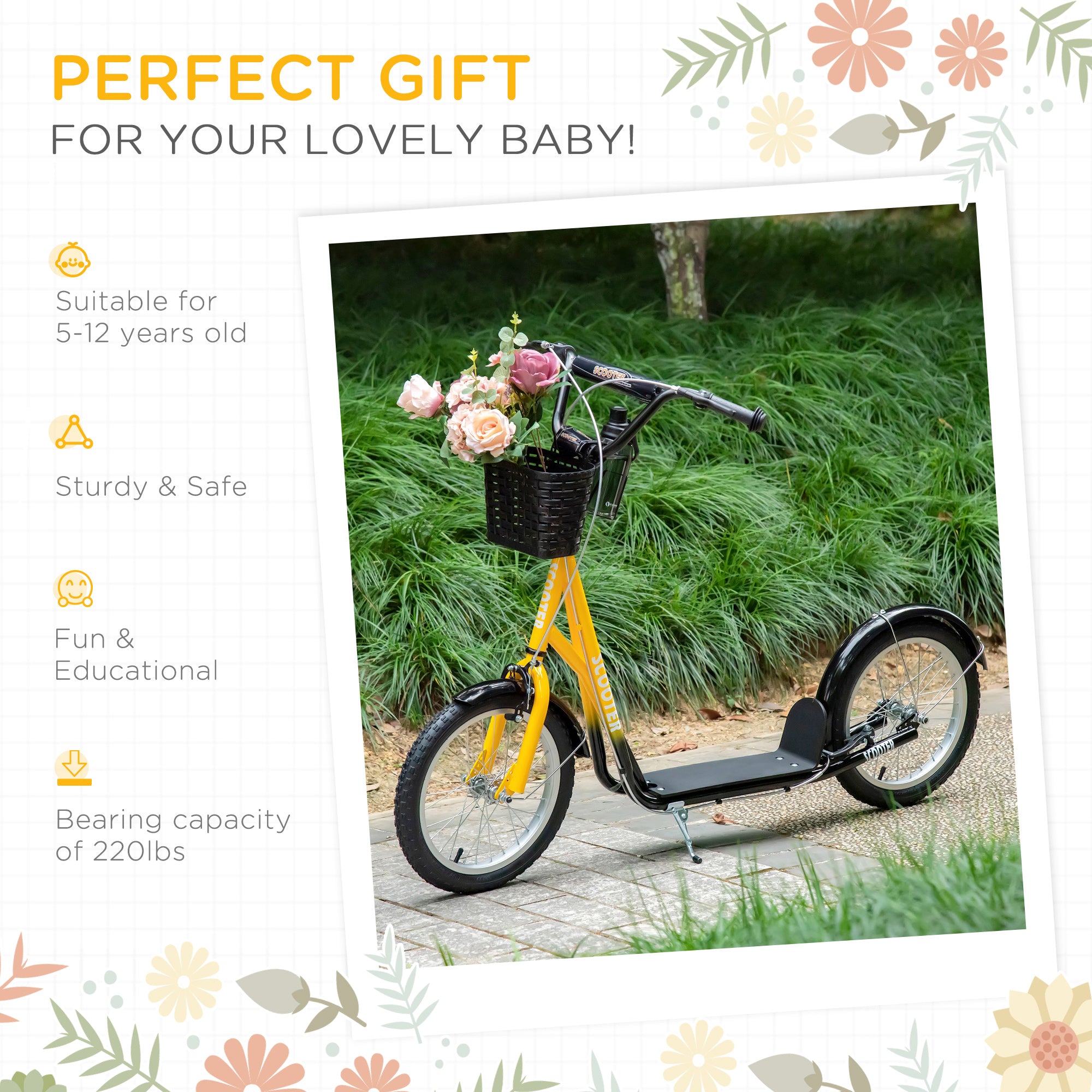 Youth Scooter, Kick Scooter with Adjustable Handlebars, Double Brakes, 16" Inflatable Rubber Tires, Basket, Cupholder, Orange