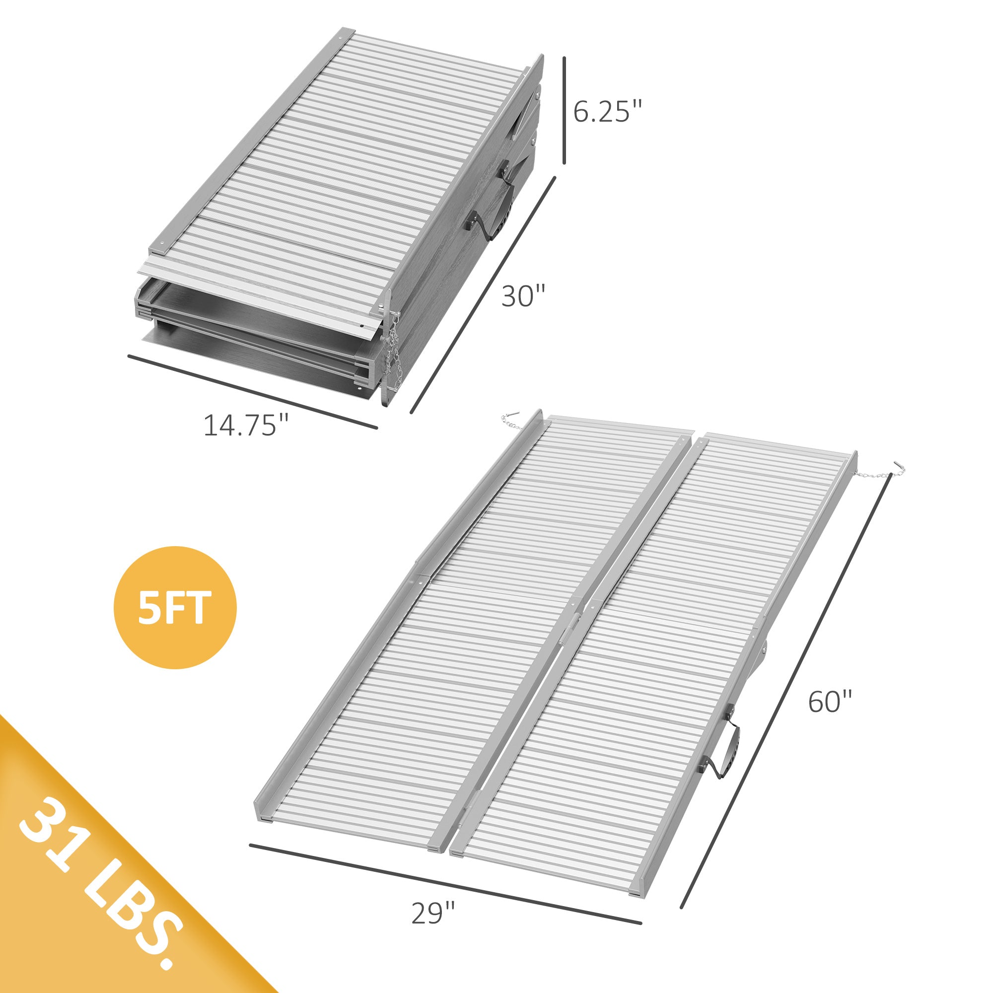 5' Foldable Handicap Ramp for Home, Steps, Doorways, Aluminum Portable Wheelchair Ramp, Textured Threshold Ramp, Silver