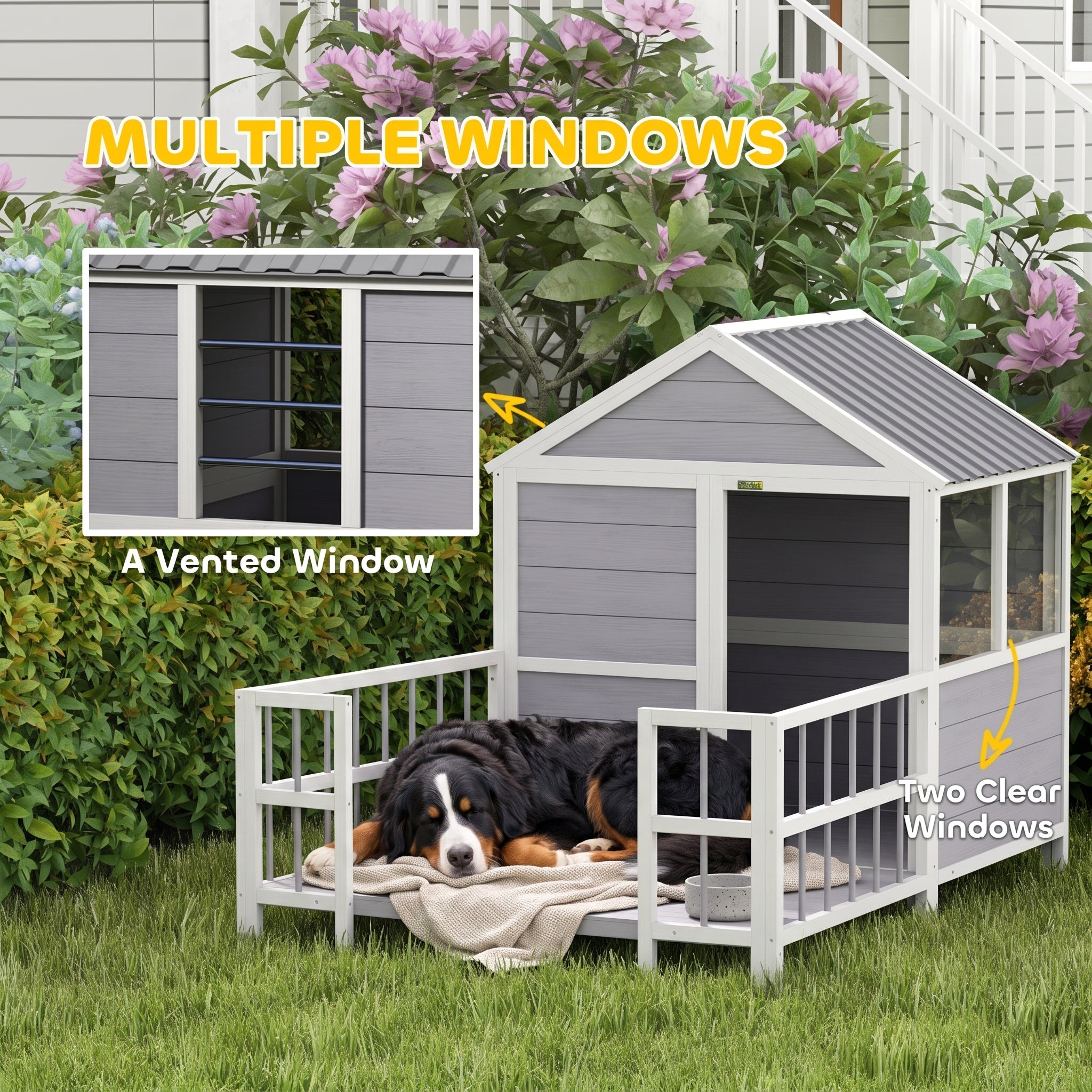 Outdoor Dog House, 61"L Wooden Dog House with Porch, Weatherproof Roof, Elevated Base, Air Vents & Observation Windows