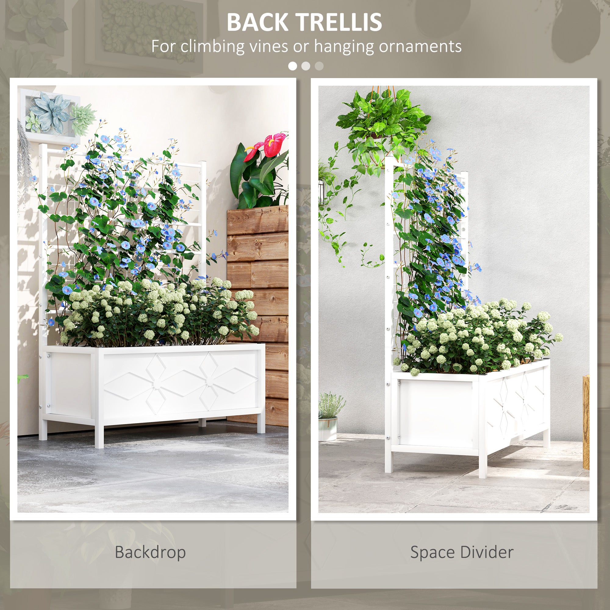 Outdoor Planter Box Galvanized Raised Garden Bed with Trellis for Climbing Vines, 35.4" x 15.7" x 47.2", White