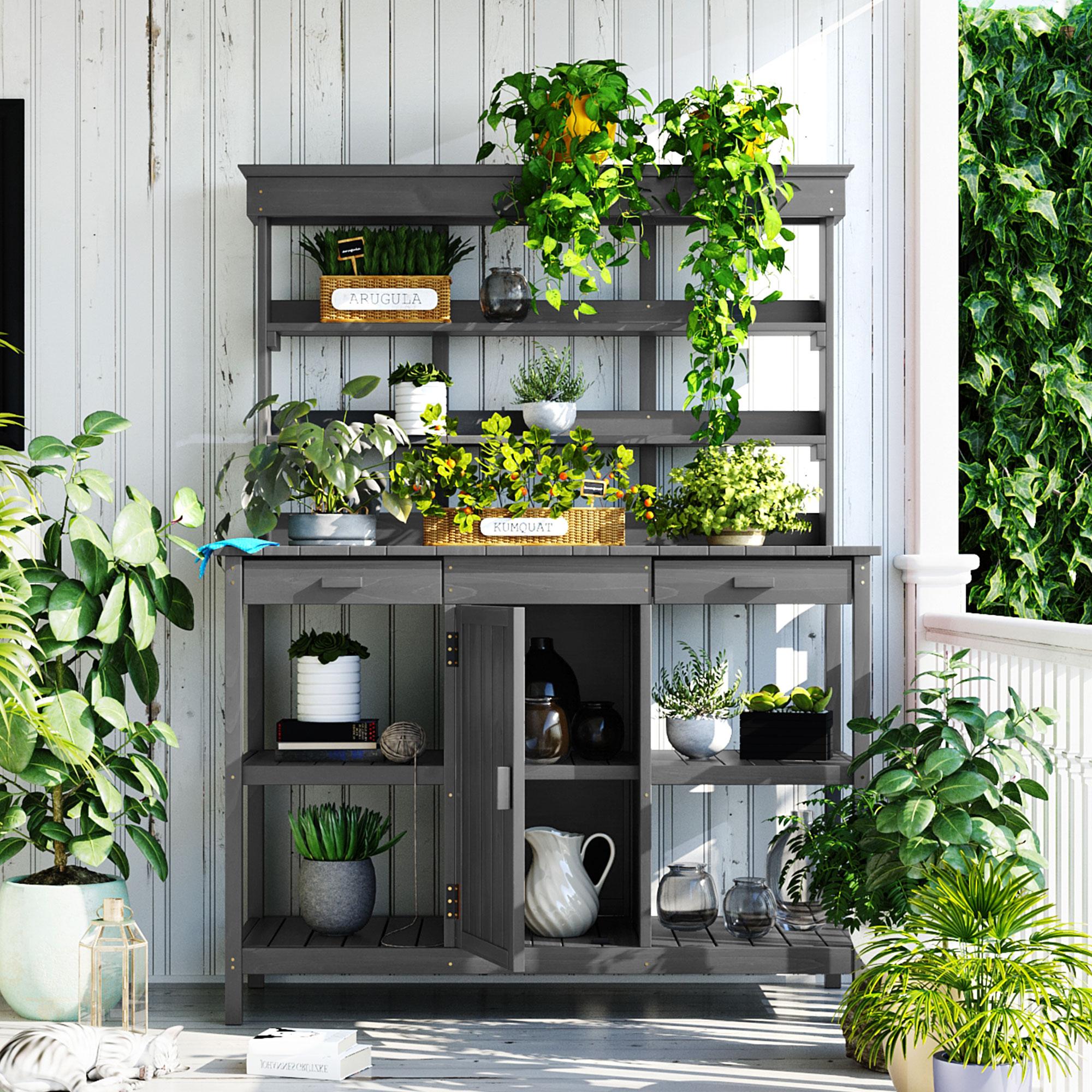 Outdoor Potting Bench with 2 Drawers, Cabinet & Open Shelf, Farmhouse Garden Workstation for Backyard, 50'' L x 19.5'' W x 66'' H, Gray