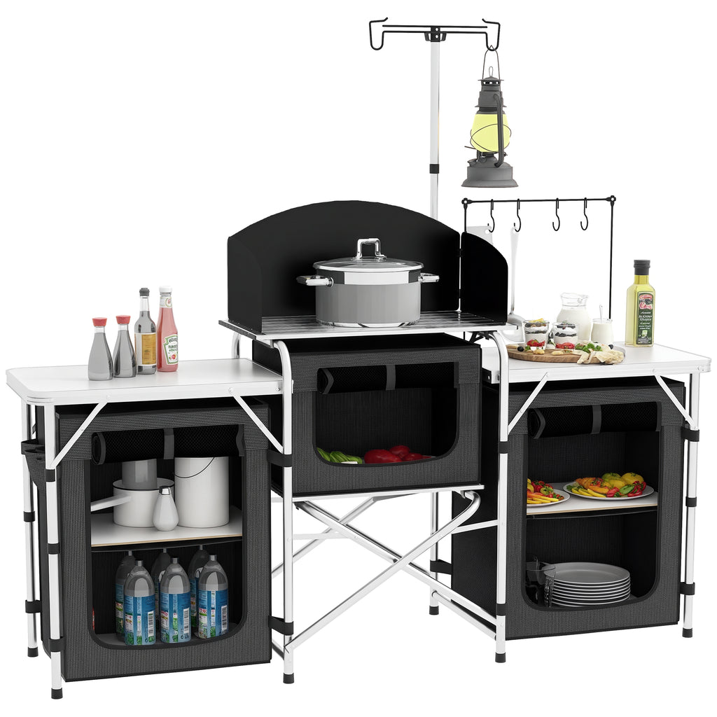 Aluminum Camping Kitchen, Portable Folding Camping Table with Fabric Cupboards, Windshield, Bag for BBQ, Picnic, Black