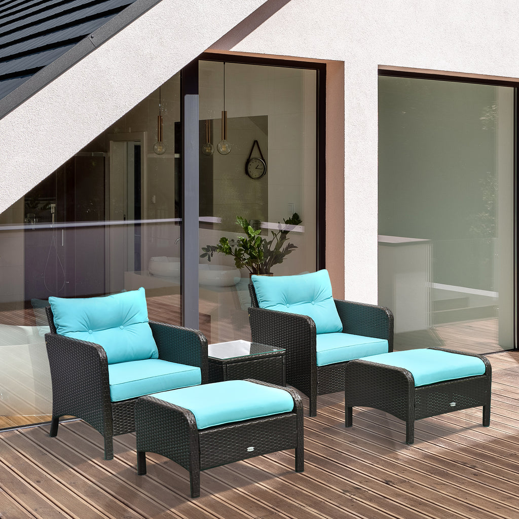 5 Pieces Rattan Wicker Lounge Chair Outdoor Patio Conversation Set with 2 Cushioned Chairs, 2 Ottomans and Tempered Glass Top Coffee Table, Brown/Blue